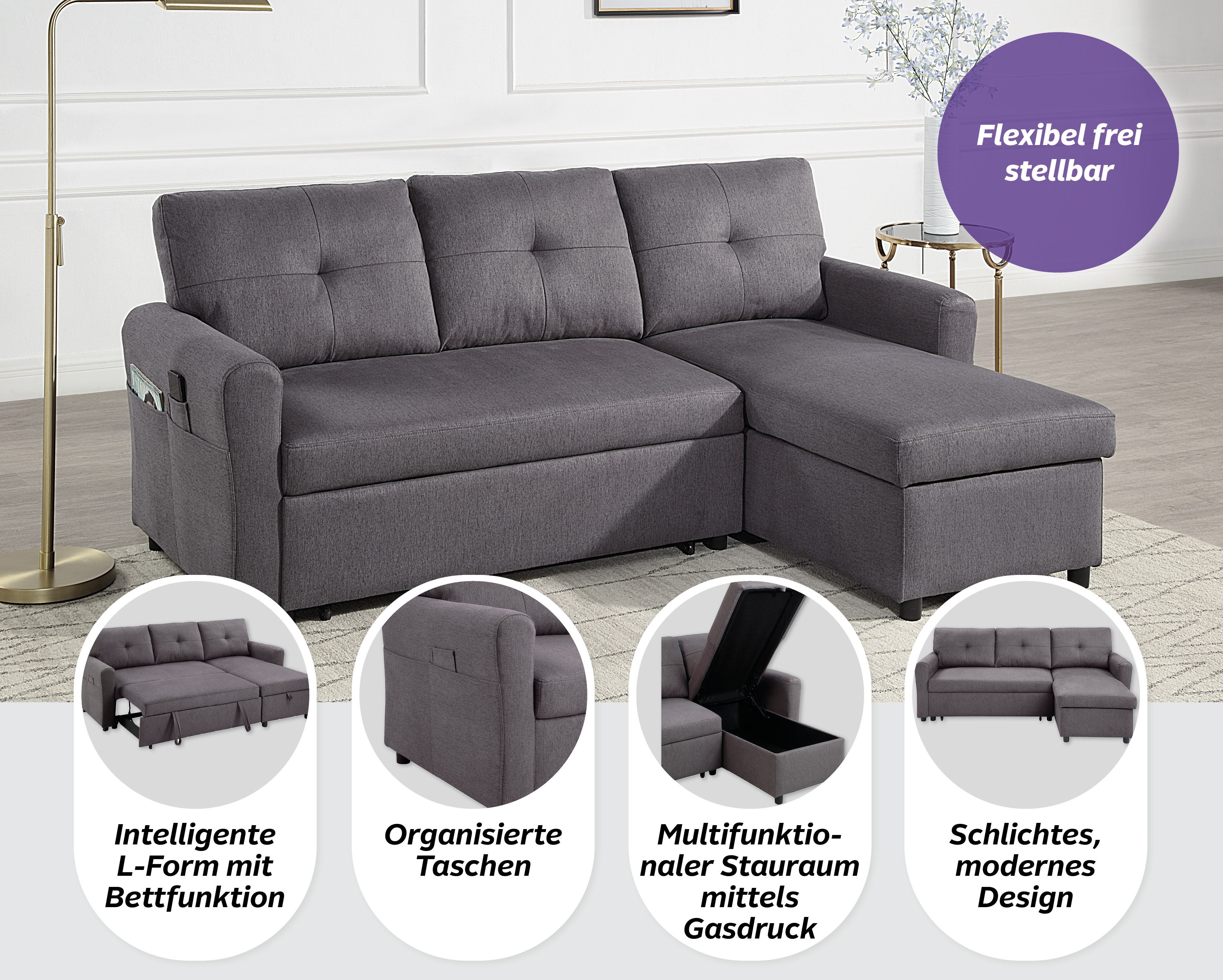 ATLANTIC home collection Schlafsofa Gustavo L-Form, B: 199 cm, mit Bettfunktion, Bettkasten & seitlichen Taschen