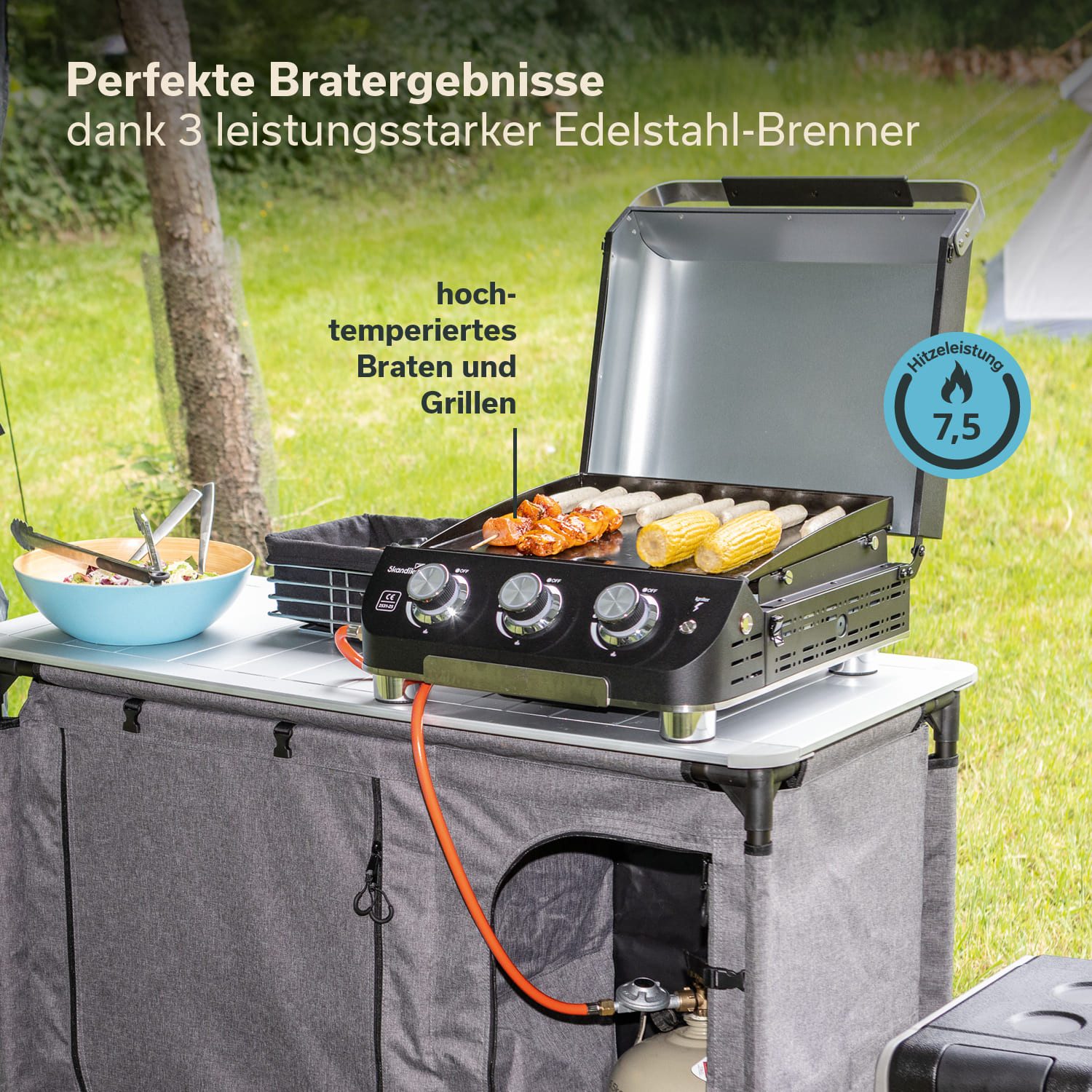 Skandika Camping-Gasgrill 3-Brenner Gasplancha Palo, Balkongrill, Tischgrill, Grillplancha, Zündung: elektrische Pulszündung, Höhenverstellbare Füße, transportabler Gasgrill mit Kochplatte, Abtropfschale