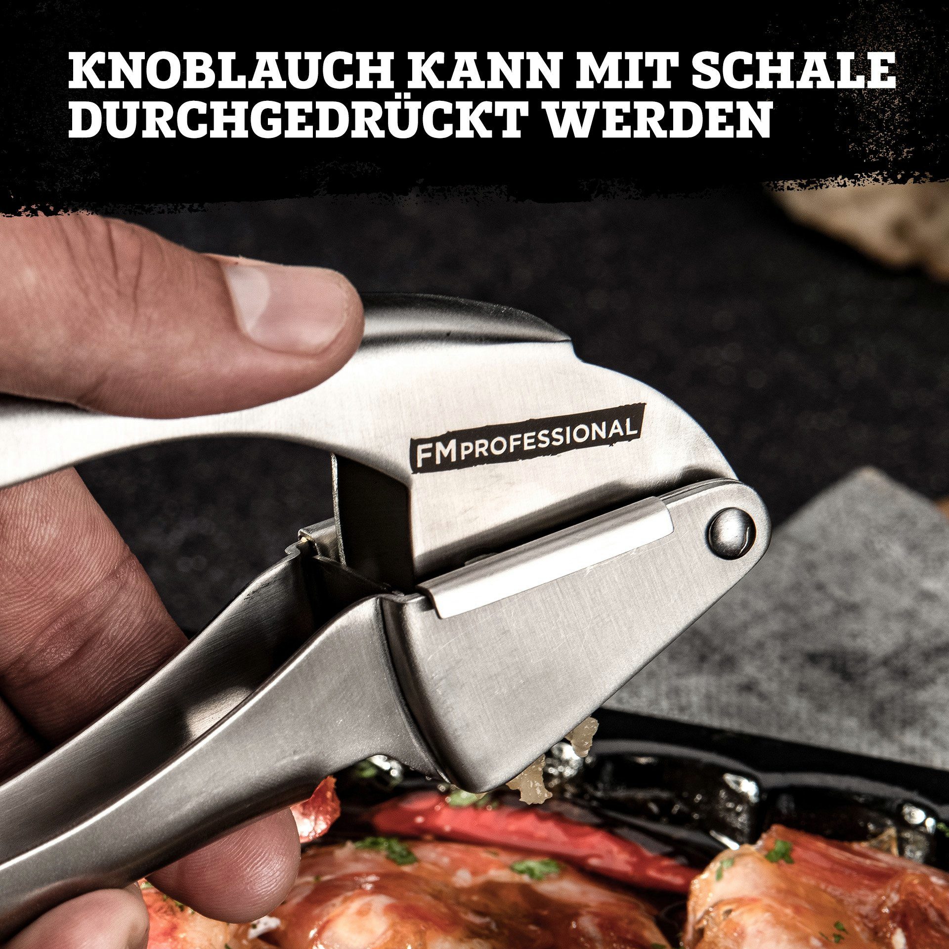 FMprofessional Knoblauchpresse Edelstahl, Knoblauchzerkleinerer, Küchenhelfer