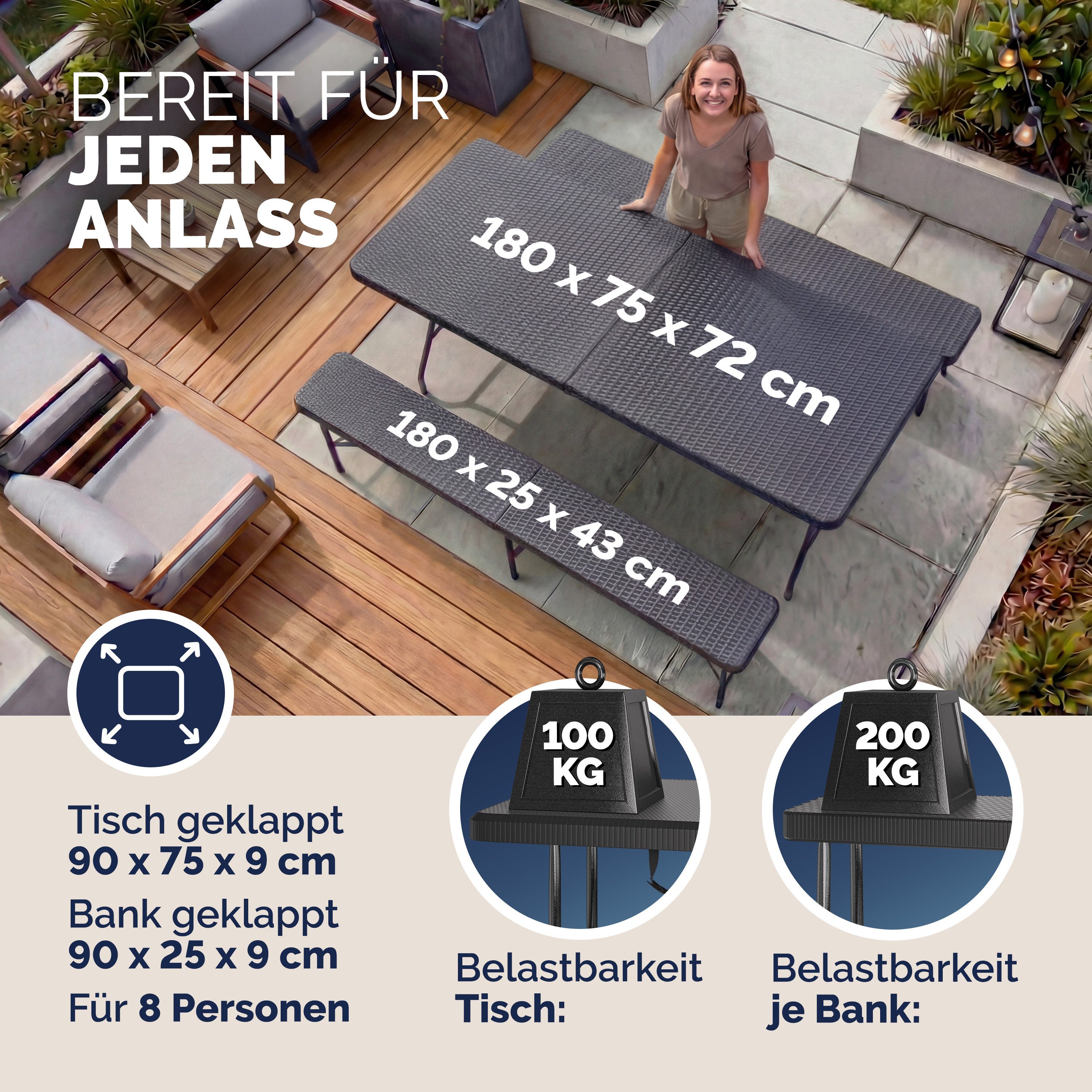 Casaria Bierzeltgarnitur Malmö, (3-tlg), 180 cm Klappbar Rattan Optik Kunst günstig online kaufen