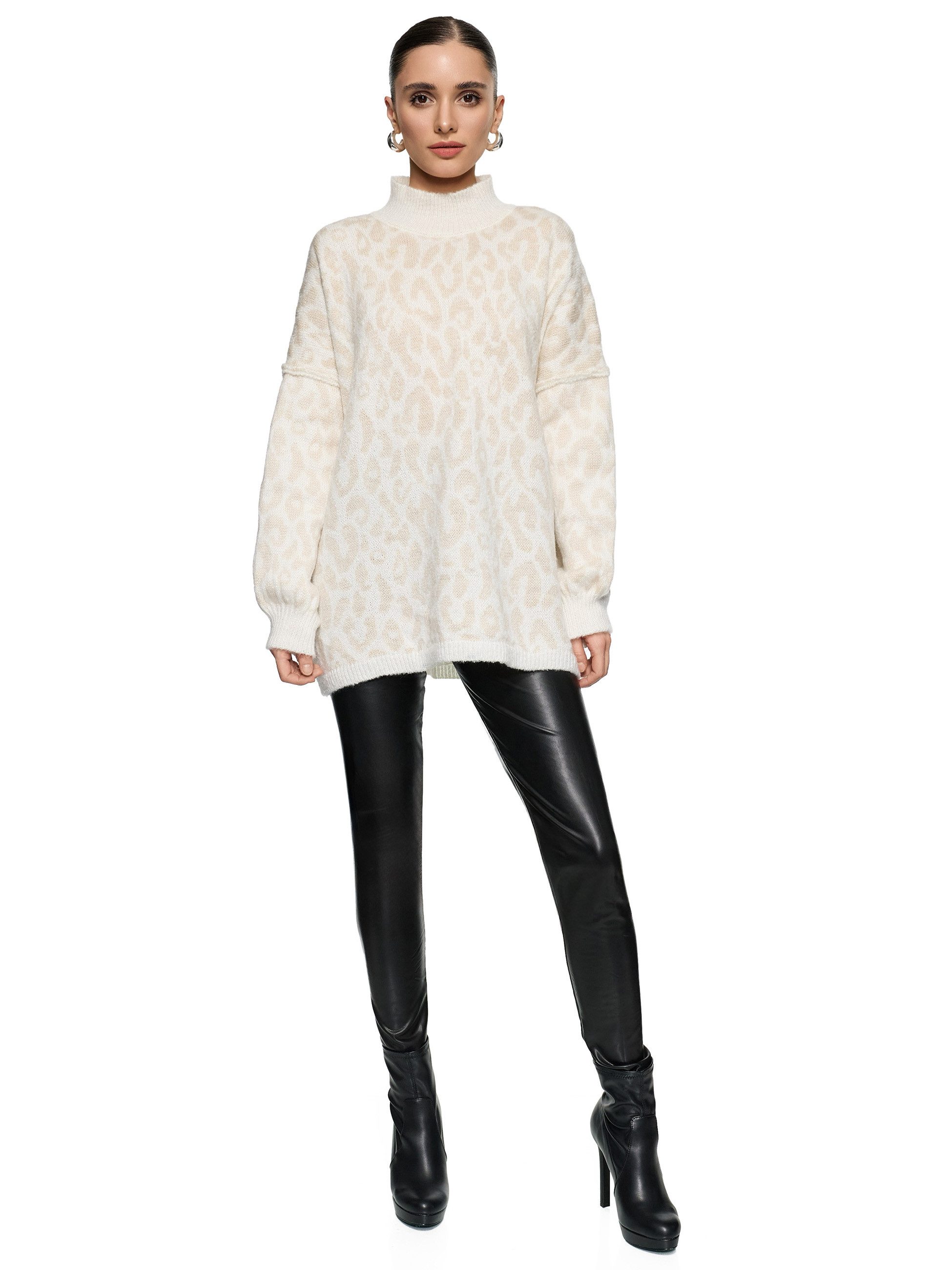 Worldclassca Longpullover WORLDCLASSCA Damen Oversize Strickpulllover Lang Leopard Muster Neue Kollektion - Stilvolle und gemütliche Strickmode für Damen