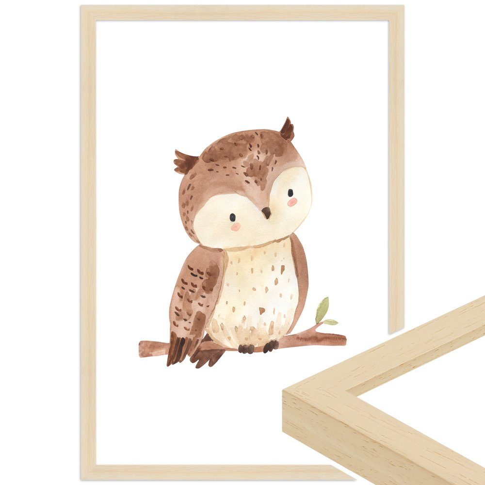 WANDStyle Bild mit Rahmen Eule, Aquarell Poster für Kinderzimmer