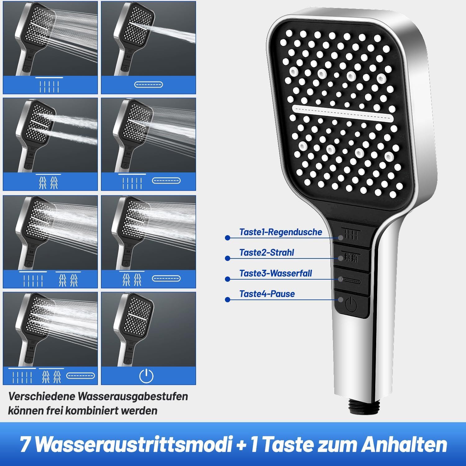 TUWENA Handbrause 7 Strahlarten Duschkopf Regendusche Gross Duschbrause Druckerhöhend – Bild 2 von 5