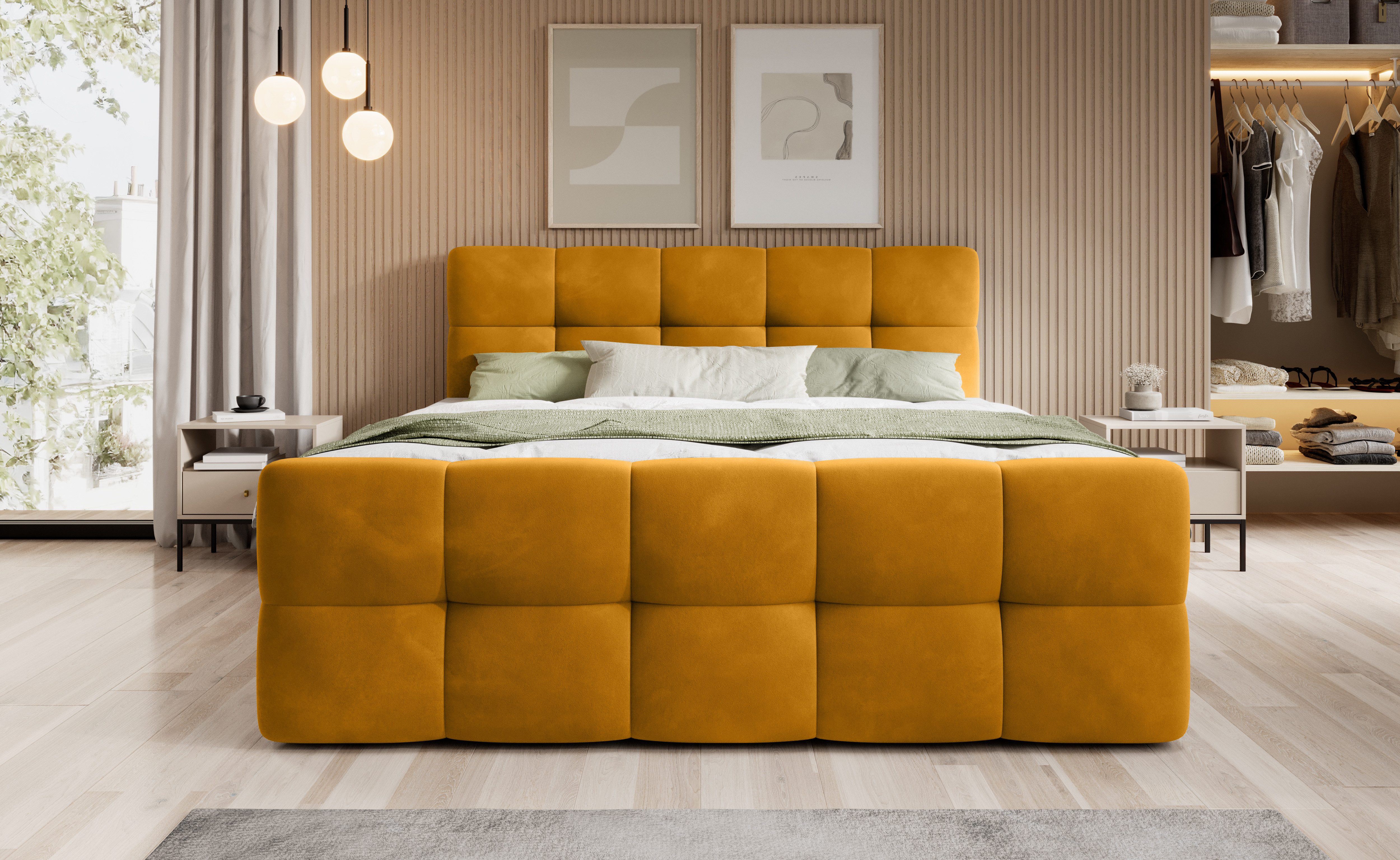 thematys Boxbett mit Bettkasten 140x200–200x200 cm – Velours oder Bouclé Bezug – (Polsterbett Bonnellfederkern Matratze H3 + Gratis 3cm Topper, Boxbett - Luxus Doppelbett mit Stauraum)