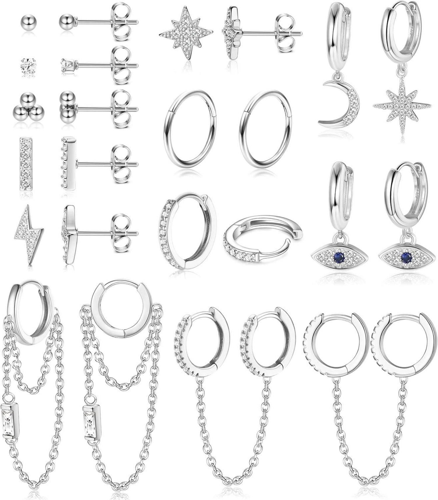 Ohrring und Ketten Set 12Paar Kleine Ohrstecker Set Edelstahl Mini Creolen Anhänger Kette