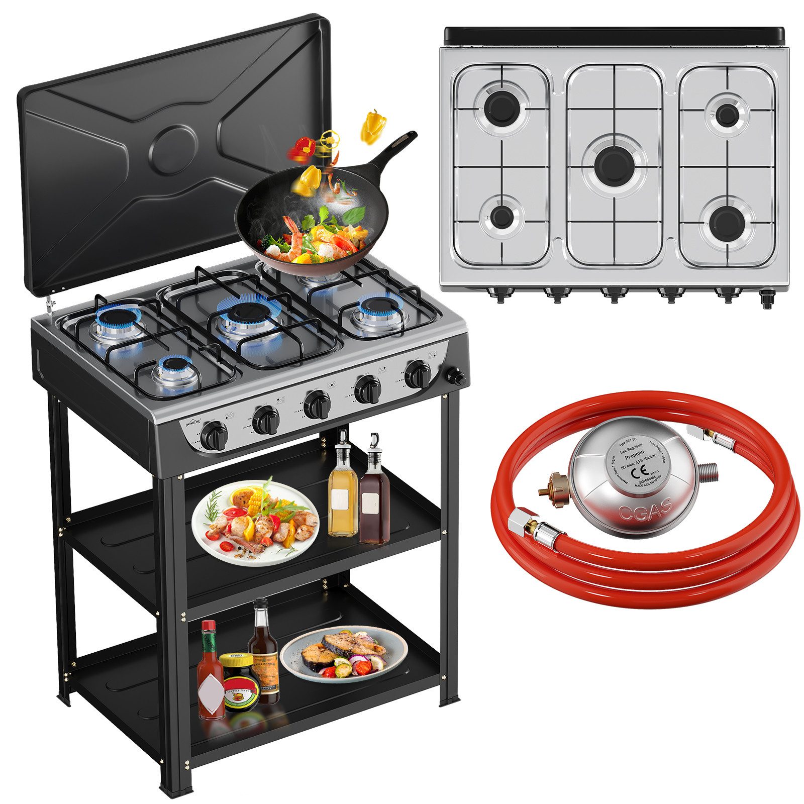 HOMELUX Gaskocher Campingkocher, 3/4/5 Flammig Gasherd Kochfeld, Campingkocher mit 1,5M Anschlussschlauch und Druckminderer 50 mbar