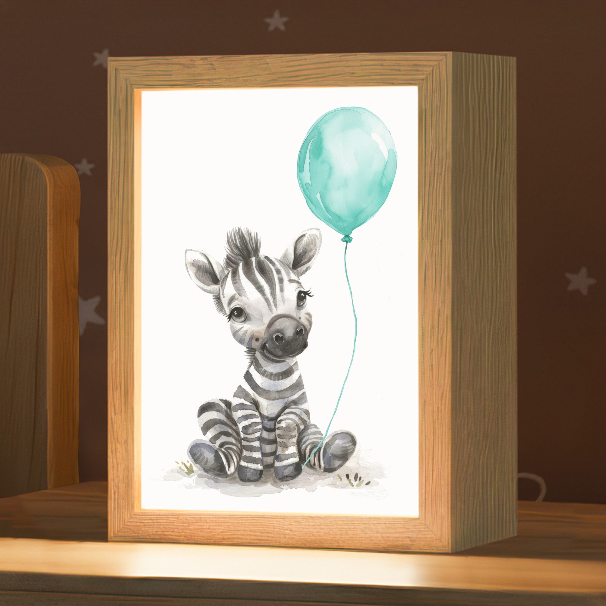OnlyWow Nachttischlampe Lightbox Zebra - Babytier - Blauer Ballon - Jungen, Dimmbar, Farbwechsel, LED, Warmweiß, Kaltweiß, Neutralweiß Einstellbar, Kinderzimmer, Babyzimmer, Dimmbar, mit Kabel, Nachtlampe, LED