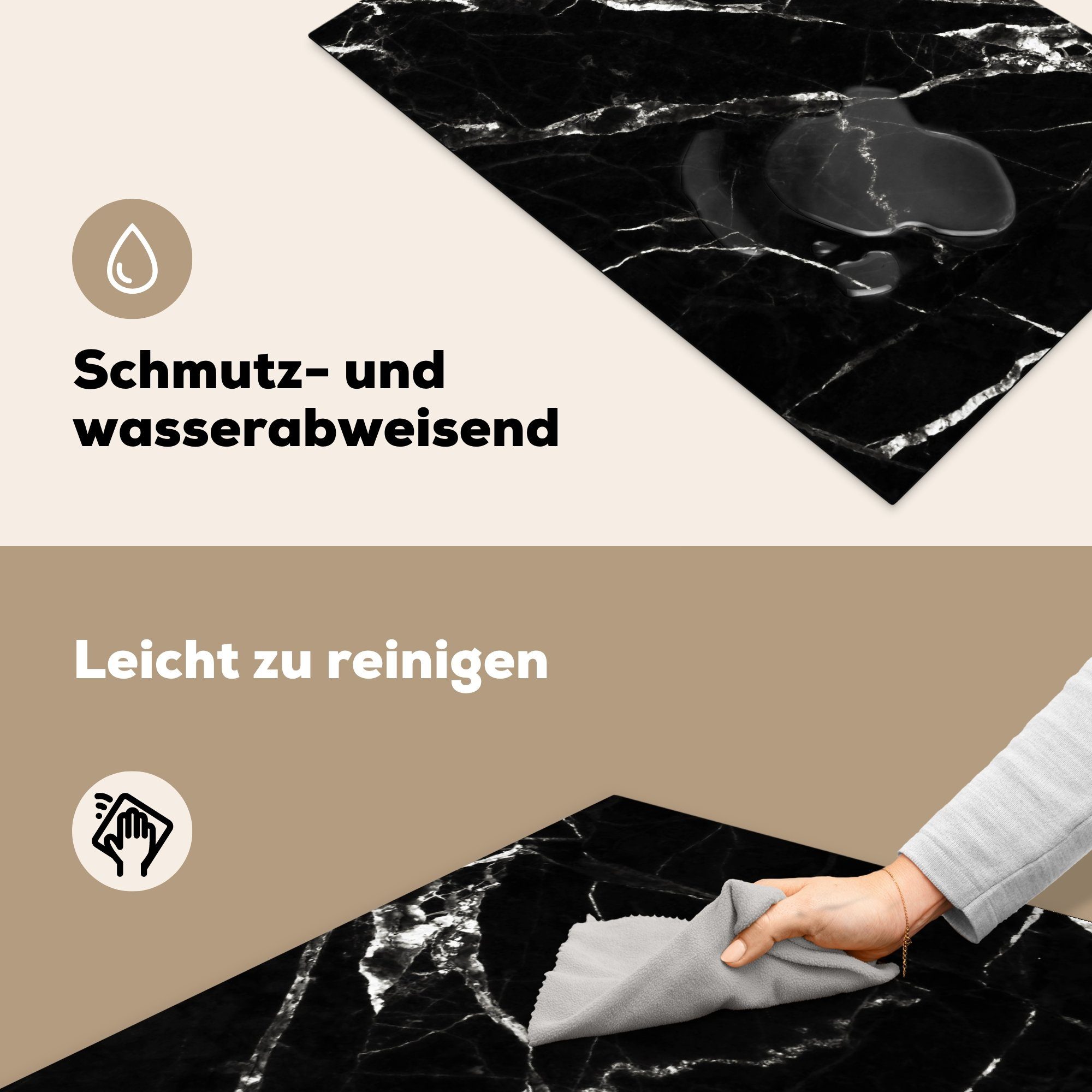 Weiß Schwarz Marmor küche, Herdblende-/Abdeckplatte Ceranfeldabdeckung Steine, - 81x52 - Schutz - (1 cm, MuchoWow Vinyl, die Induktionskochfeld tlg), für