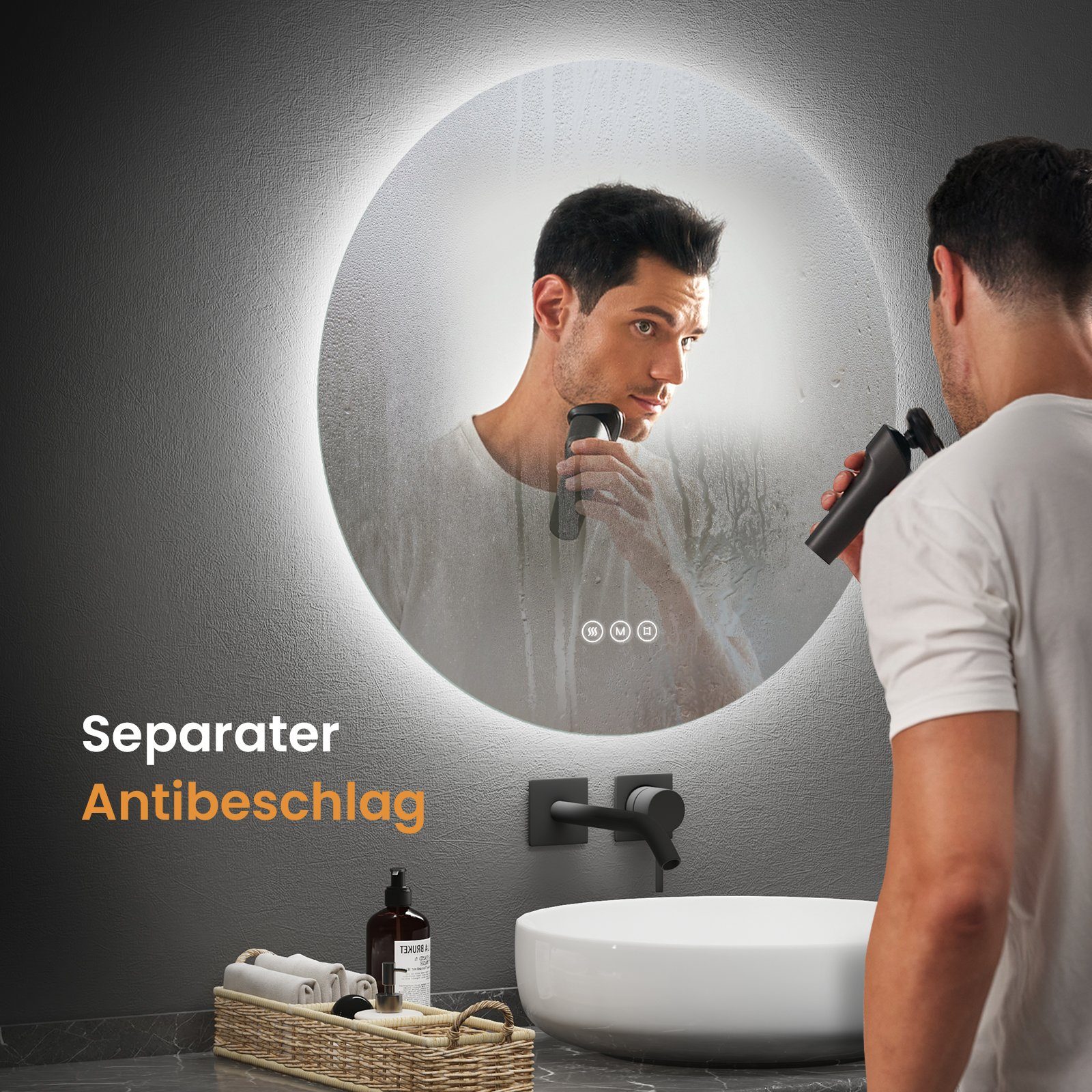 EMKE Badspiegel LED-Badspiegel rund mit Beleuchtung, 3 Lichtfarben, Anti-Beschlag (50-80 cm, Touchschalter), 3 Lichtfarben Helligkeit Einstellbar,Memory-Funktion,Energiesparend