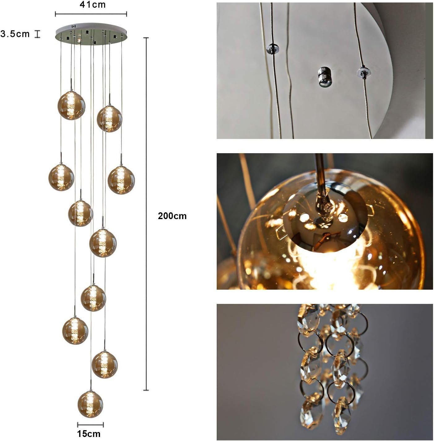 Nettlife Pendelleuchte G9 Hängelampe modern Bernstein/Grau Glas 1/3/4/6/10/15 Flammig, Höheverstellbar, LED wechselbar, Warmweiß, für Küchen Wohnzimmer Schlafzimmer Flur