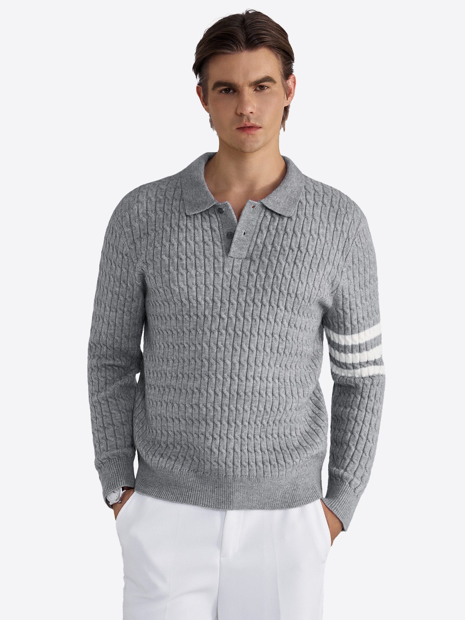 VANTORY Strickpullover Herren Modisches Langarm-Poloshirt mit Zopfmuster und Armstreifen (Packung, 1-tlg., 1per-Pack) mit Zwei-Knopfleiste