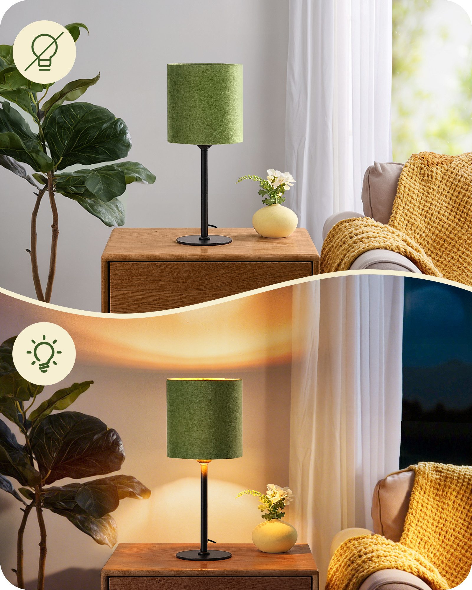 EDISHINE Nachttischlampe mit schwarzem Metallsockel und Samtschirm, LED wechselbar, Warmweiß, Grüne Gold Vintage Tischlampe inkl. 2700K LED Leuchtmittel, 38cm – Bild 4 von 5