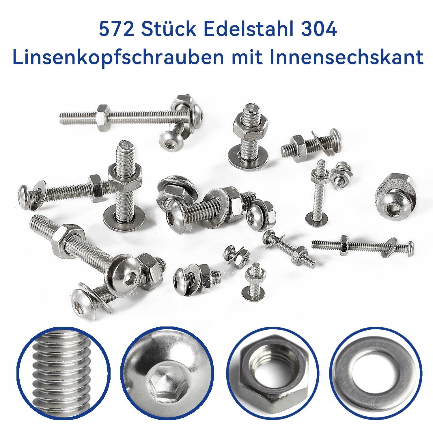 (572 St), Set M3-M6 Schrauben-Set, 572pcs Linsenkopfschrauben Edelstahl Innensechskant Silber Natsen