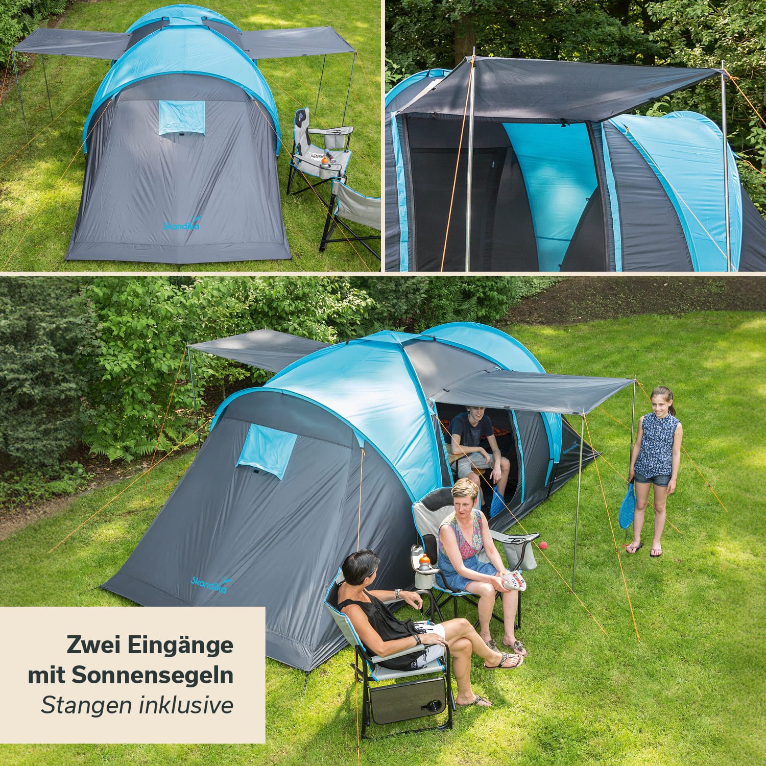 Skandika Kuppelzelt Hammerfest 4, Campingzelt, Familienzelt, 2 m Stehhöhe, Personen: 4 (Schlafkabinen mit Moskitonetz und eingenähtem Zeltboden), Loser Zeltbode – Bild 5 von 5