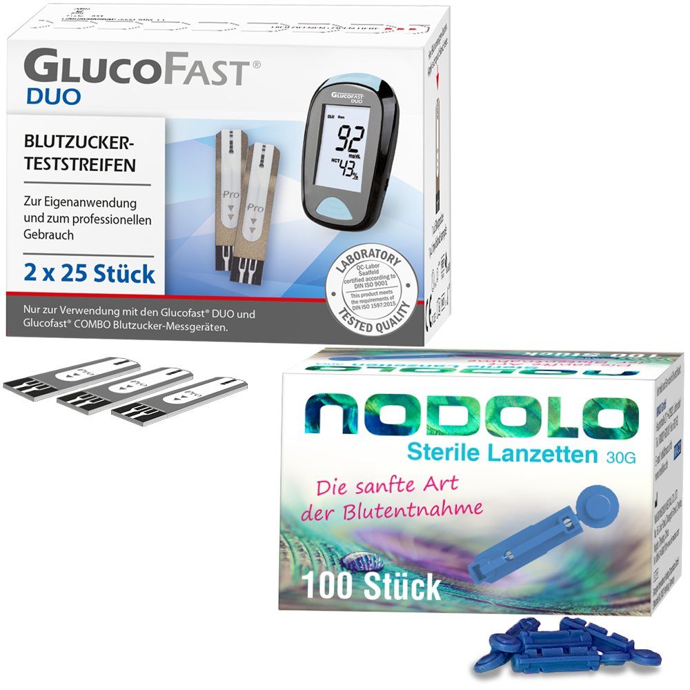 GLUCOFAST Blutzucker-Teststreifen DUO, 50 Stück und 100 Nodolo Lanzetten, 1-tlg., Kombiset