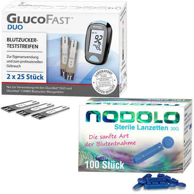 GLUCOFAST Blutzucker-Teststreifen DUO, 50 Stück und 100 Nodolo Lanzetten 1-St., Kombiset