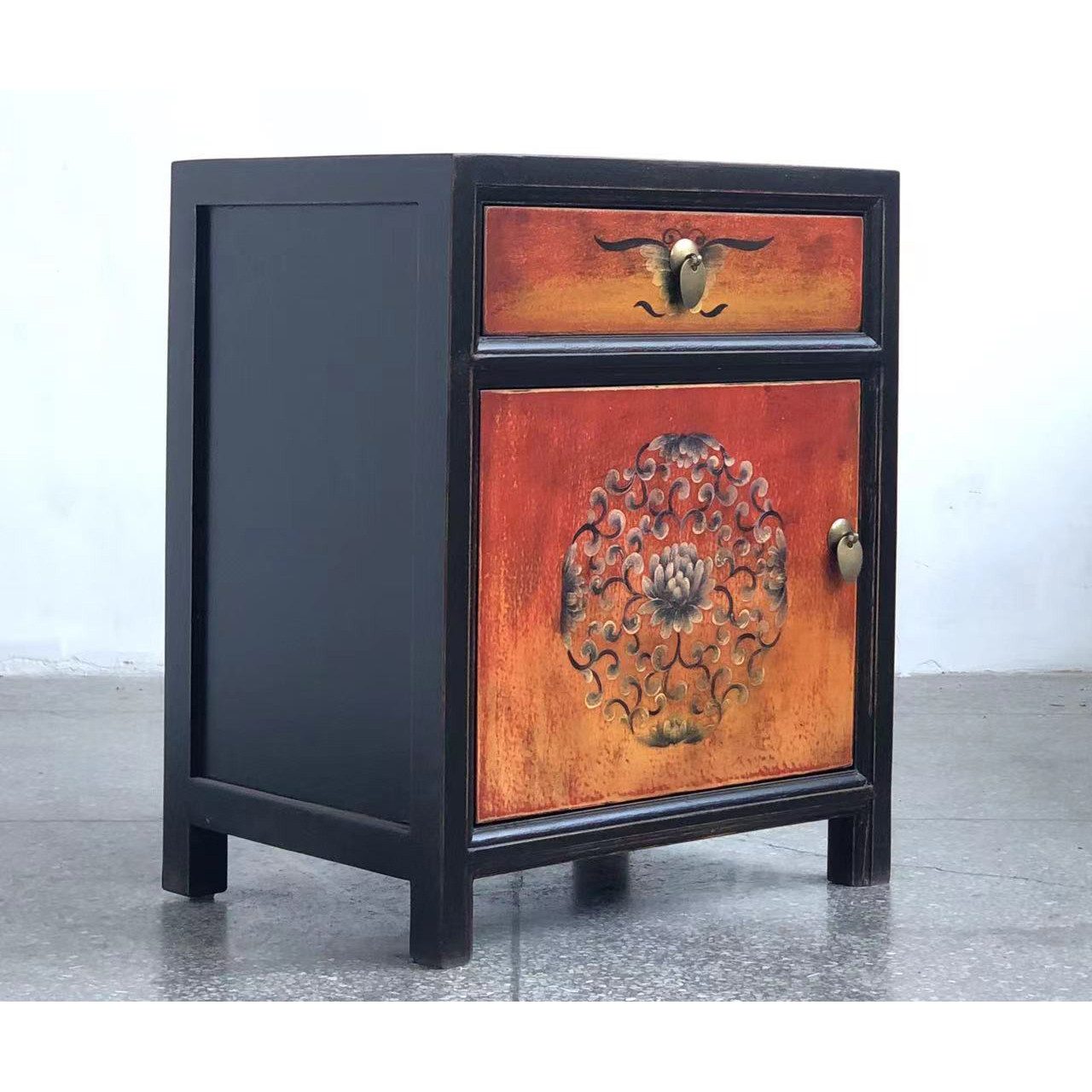 OPIUM OUTLET Nachtkommode Nichttisch Nachkonsole Kommode Nachtschrank (Asia Möbel Vintage-Stil Schlafzimmer Wohnzimmer Diele Flur, asiatisch chinesisch orientalisch fernöstlich), Nachtkästchen schwarz-orange