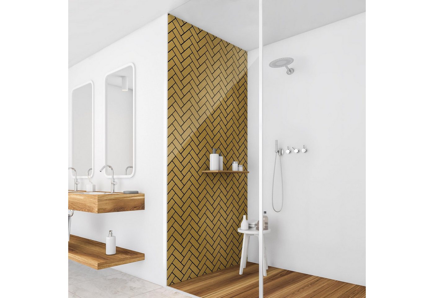 Thumbnail - Bilderdepot24 Badrückwand Fliesenoptik gold Duschrückwand ohne Bohren Dusche, (Hartfolie matt » Selbstklebend PREMIUM 0,...