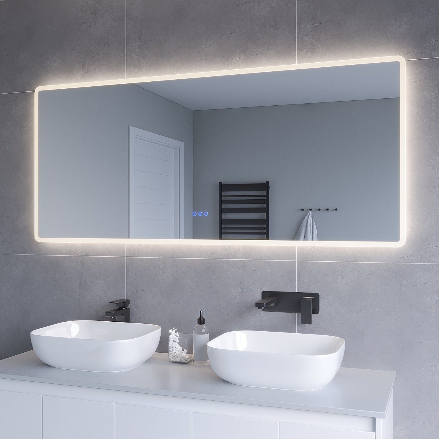 AQUABATOS LED-Lichtspiegel LED Badspiegel Groß Badezimmerspiegel mit Beleuchtung (Lichtspiegel Wandspiegel 140x70cm 100x70cm 160x70cm Kaltweiß 6400K, Neutralweiß 4500K, Warmweiß 3000K, Dimmbar, Memory-Funktion), Touch Schalter, Spiegelheizung, Energiesparend, IP44, Wandmontage