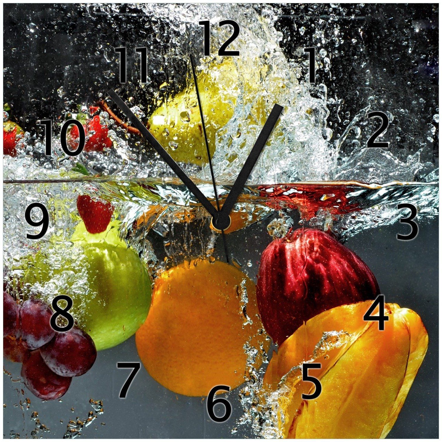 Wallario Wanduhr Früchte im und unter Wasser - Splashing Fruits (Glasuhr)