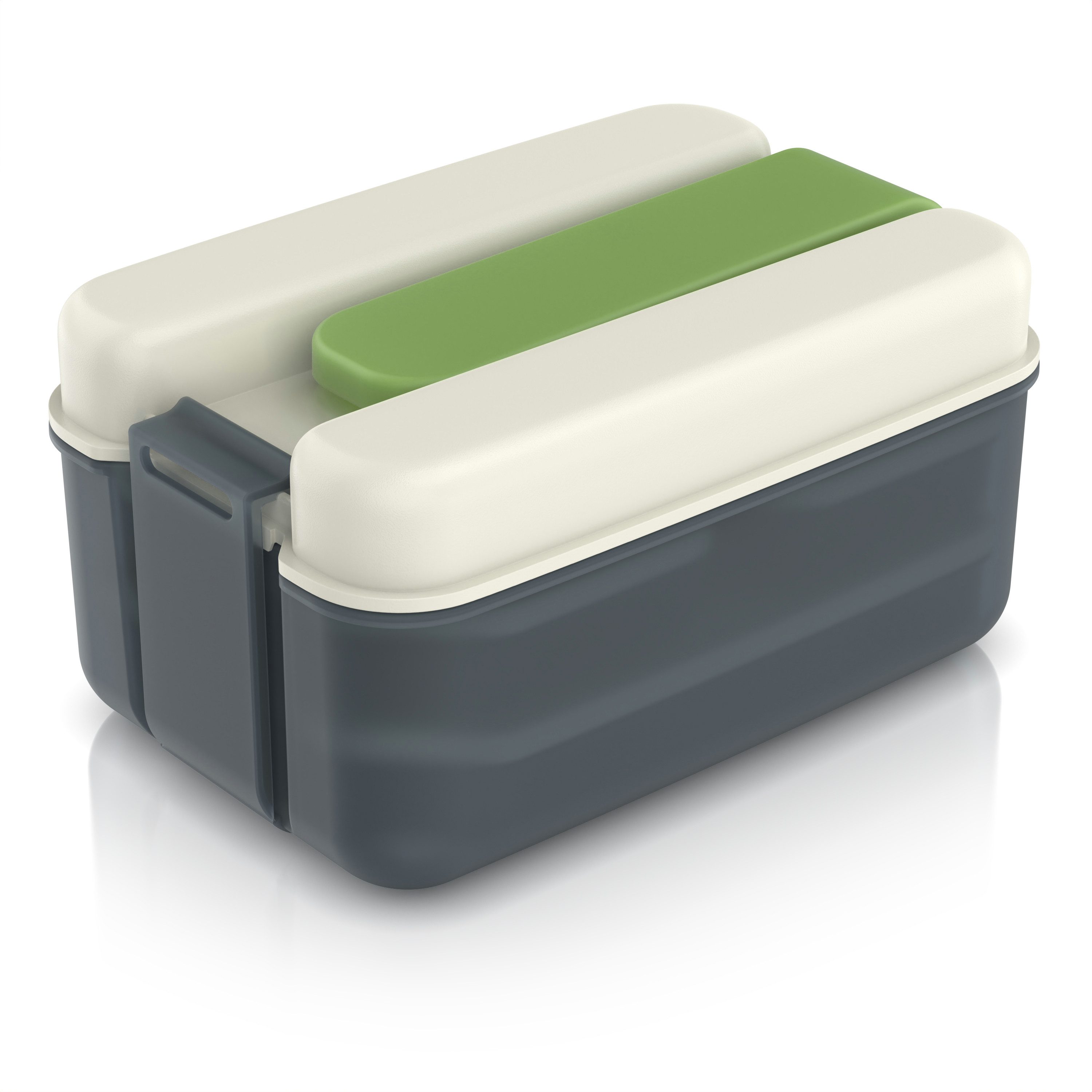 Arendo Lunchbox Lunchbox 1,2 l mit Kühlakku, luftdichte Brotdose, 3 Innenboxen & Spork, Kunststoff, (1-tlg., 2 Trennstege, 2 Silikondichtungen), Klickverschluss, 2x 150 ml + 1x 350 ml Dosen, spülmaschinengeeignet