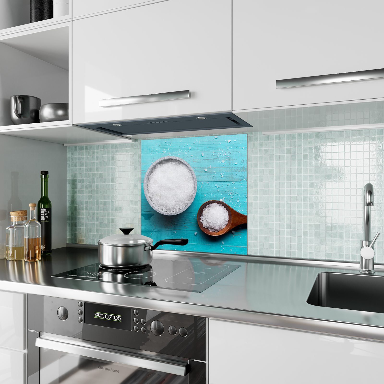 Küchenrückwand Küchenrückwand auf Motiv Primedeco mit Spritzschutz Löffel Meersalz Glas