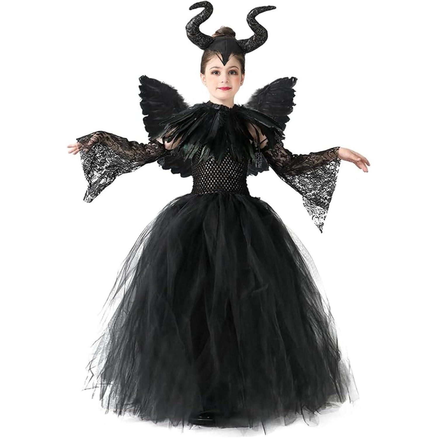 Hexen-Kostüm Kostüm Maleficent Kleid Hörner Umhang Flügel Halloween M