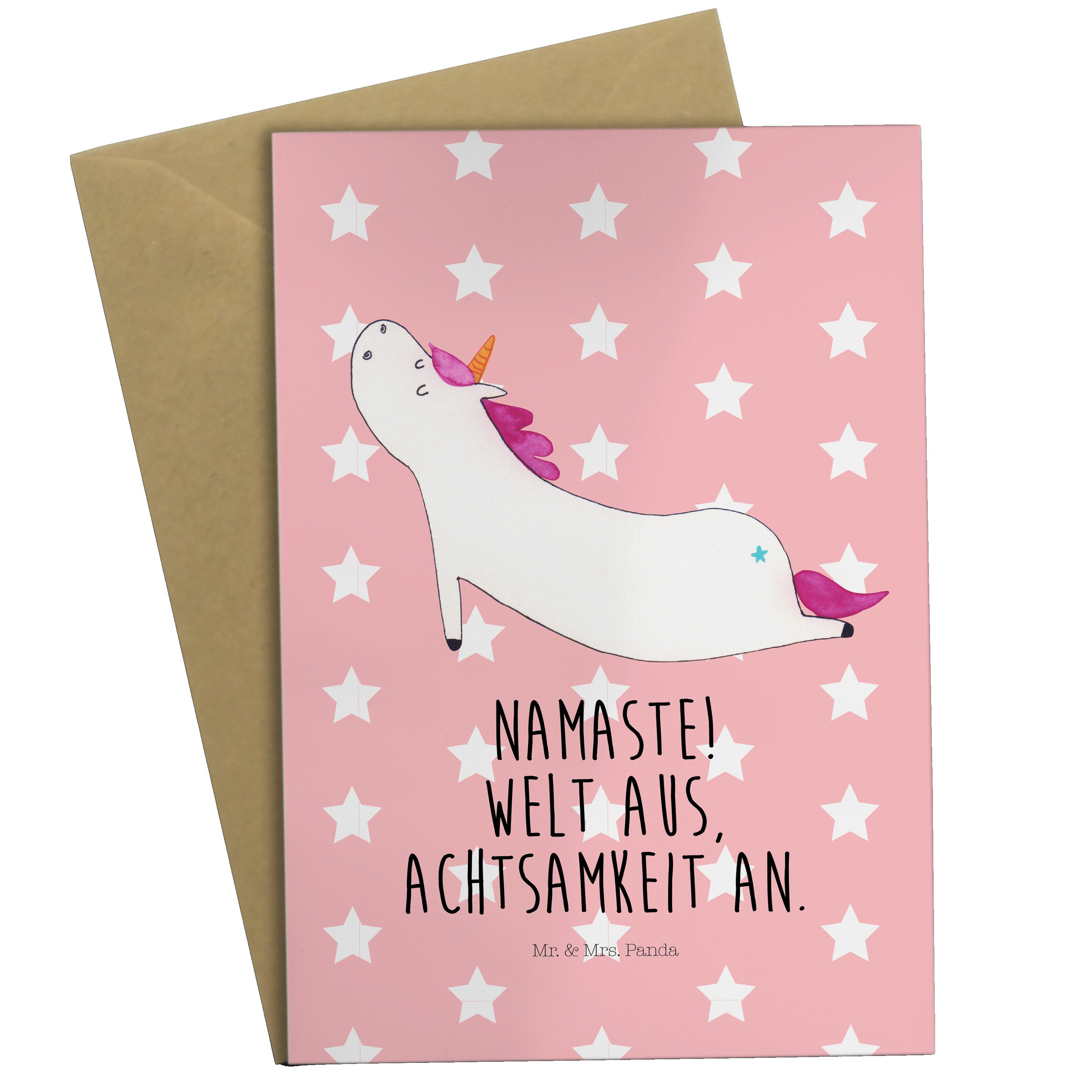 Mr. & Mrs. Panda Grußkarte Unicorn, E Einhorn Geschenk, Achtsamkeit, Rot Pastell Karte, Yoga - 