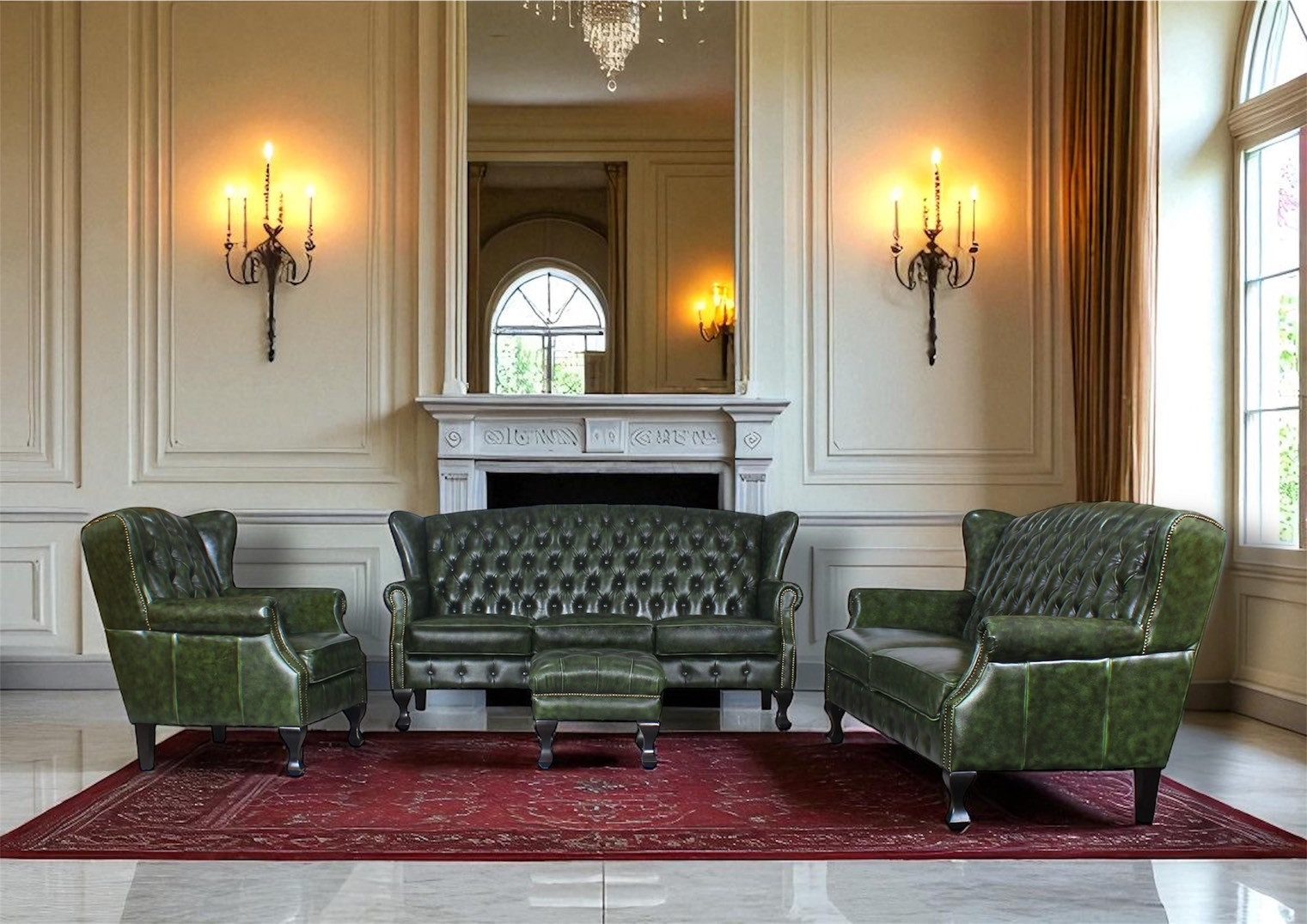 Salottini Polstergarnitur XL Elite Chesterfield LEEDS Sofagarnitur 3/2/1 & Hocker VOLLLEDER, (4-tlg)