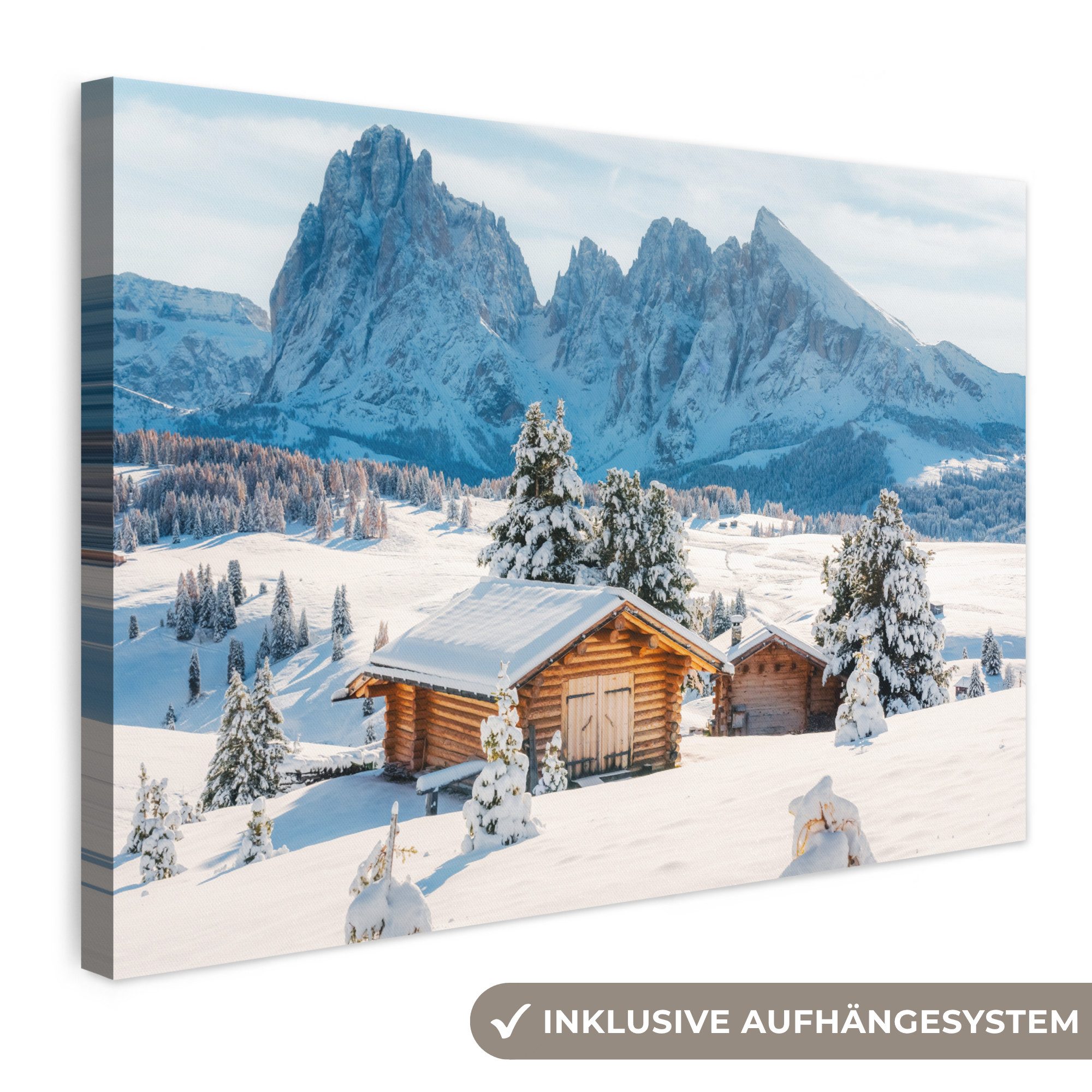 OneMillionCanvasses® Leinwandbild Winter - Hütte - Berge - Aussicht - Schnee, Fotodruck (1 St), Leinwand Bilder Klein, Wand Dekoration Aesthetic 30x20 cm