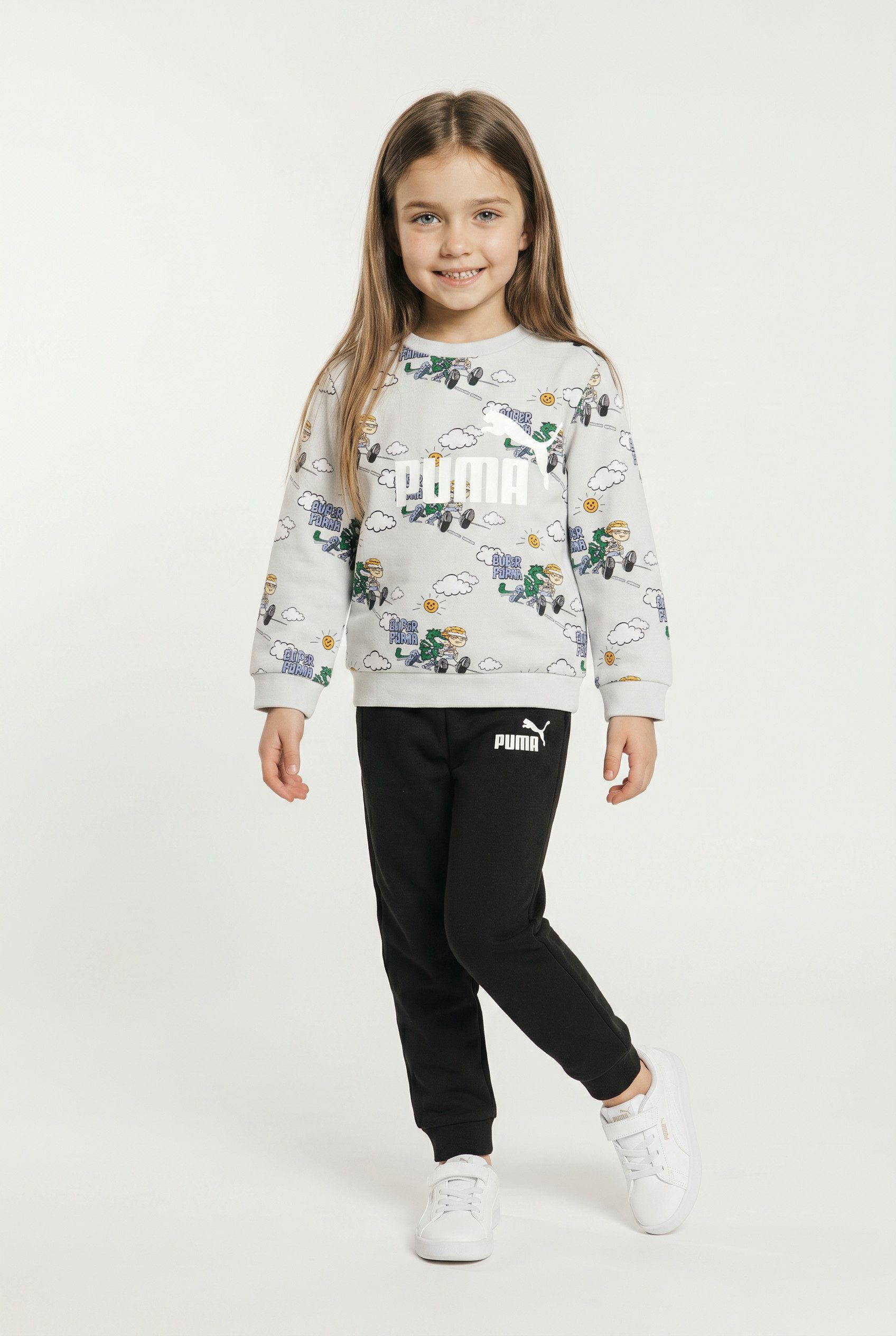 PUMA Trainingsanzug MINICATS SUPER AOP CREW SET FL INF, mit Kapuze, Langarm-Oberteil, aus Fleece, Regular Fit