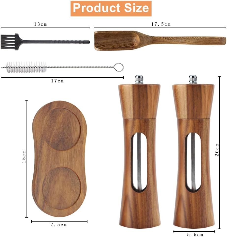 Refined Living Salz-/Pfeffermühle Gewürzmühle Set manuell, Akazienholz Pfeffermühle, mit Keramikmahlwerk Gewürzmühle Set, Salz- und Pfeffermühle Set Holz 2er Set 20cm, Pfeffermühle Holz Salzstreuer, stufenlos einstellbar wiederbefüllbar mit Holzsockel, 1 × Löffel 2×Reinigungsbürsten, ergonomisches, langlebiges, Korrosionsbeständig, verschleißfest, für Küche, Grillabende und Esstisch, (2 Stück), für Mahlen von Salz, Pfeffer, Chili, Kräuter & viele weitere Gewürze