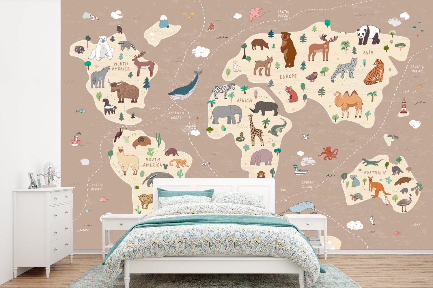 MuchoWow Fototapete Weltkarte Kinder - Tiere - Braun - Jungen - Mädchen, Matt, bedruckt, (6 St), Wallpaper für Wohnzimmer, Schlafzimmer, Kinderzimmer, Vinyl Tapete