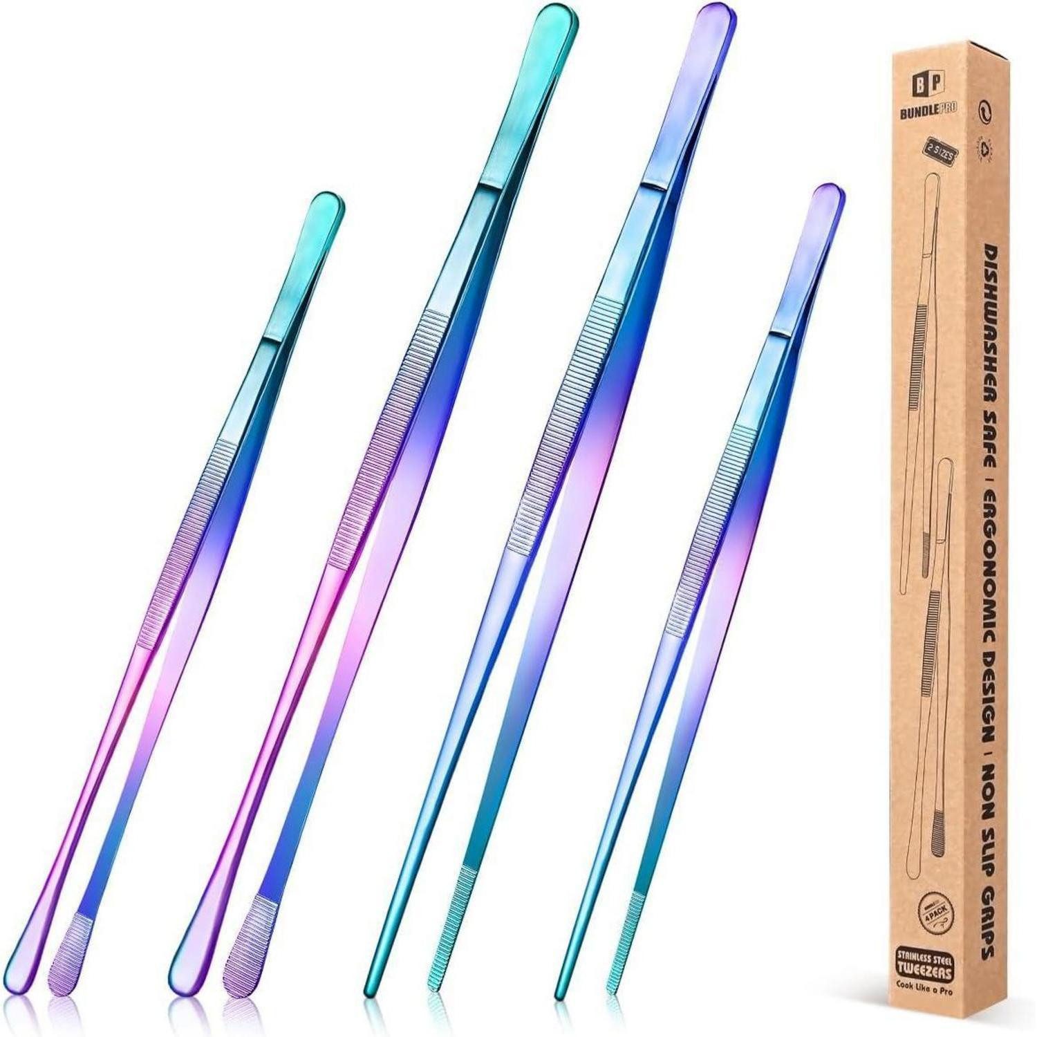 BUNDLEPRO Kochpinzette 4er Set Profi Edelstahl Pinzette 12'' und 10'' für BBQ und Kochen