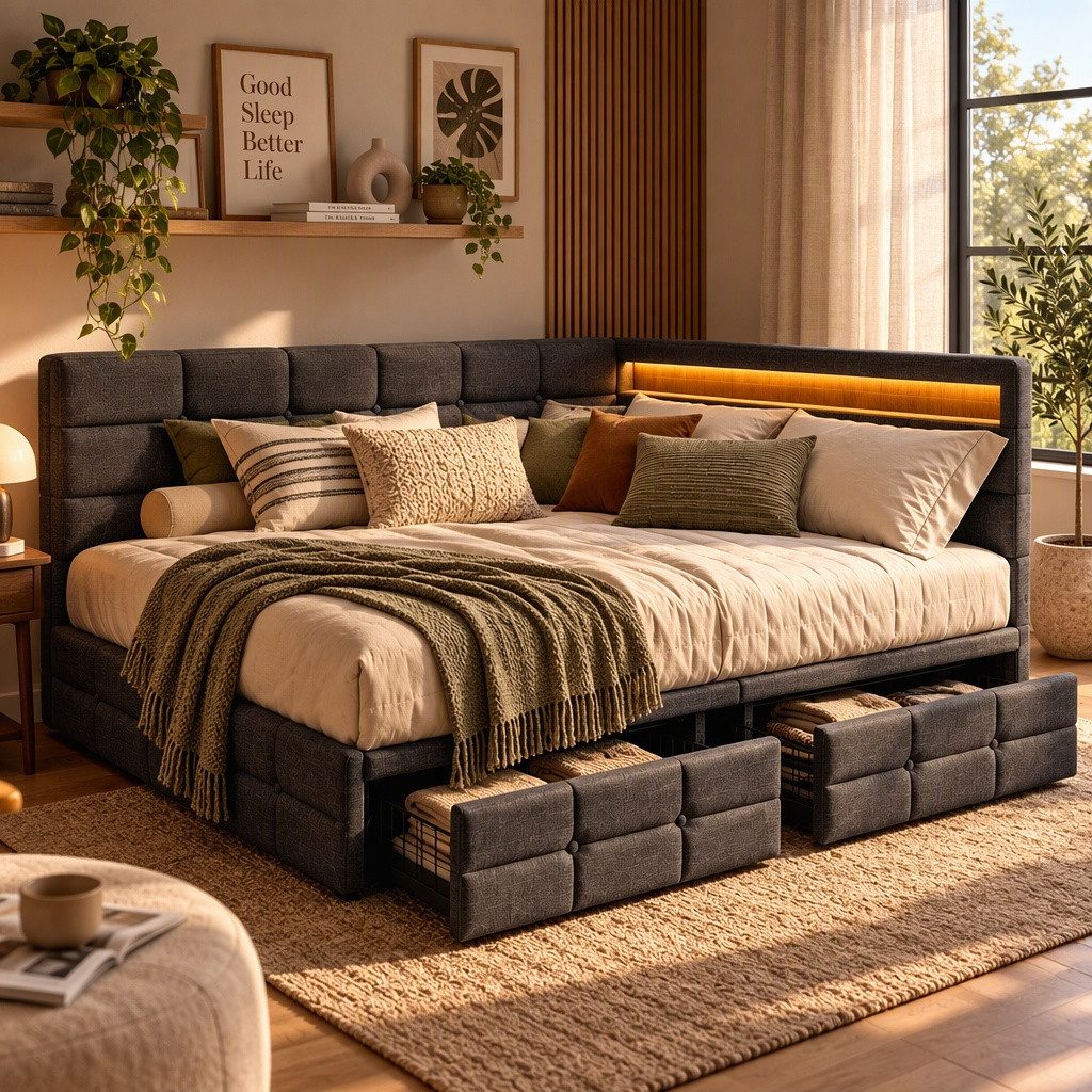 PXloue Polsterbett Daybett Tagesbett (Doppelbett,Kopfteil links oder rechts montierbar), Schlafsofa,2 Schubladen, Mit LED und …