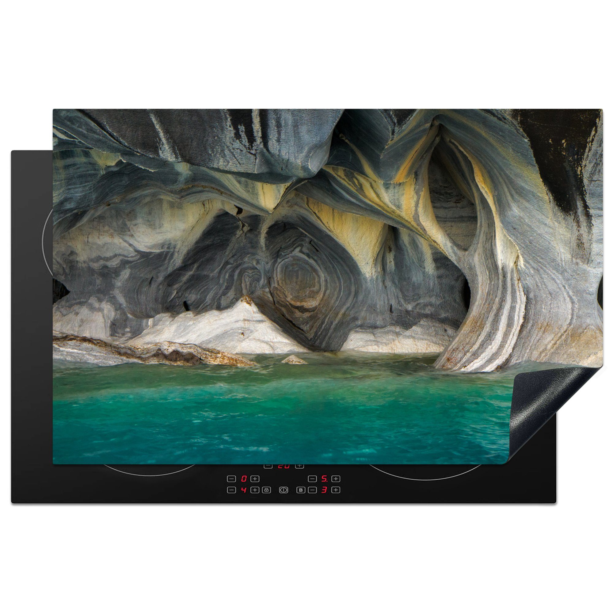 MuchoWow Herdblende-/Abdeckplatte Rotierende Felsen in den Marmorhöhlen, Vinyl, (1 tlg), 81x52 cm, Induktionskochfeld Schutz für die küche, Ceranfeldabdeckung