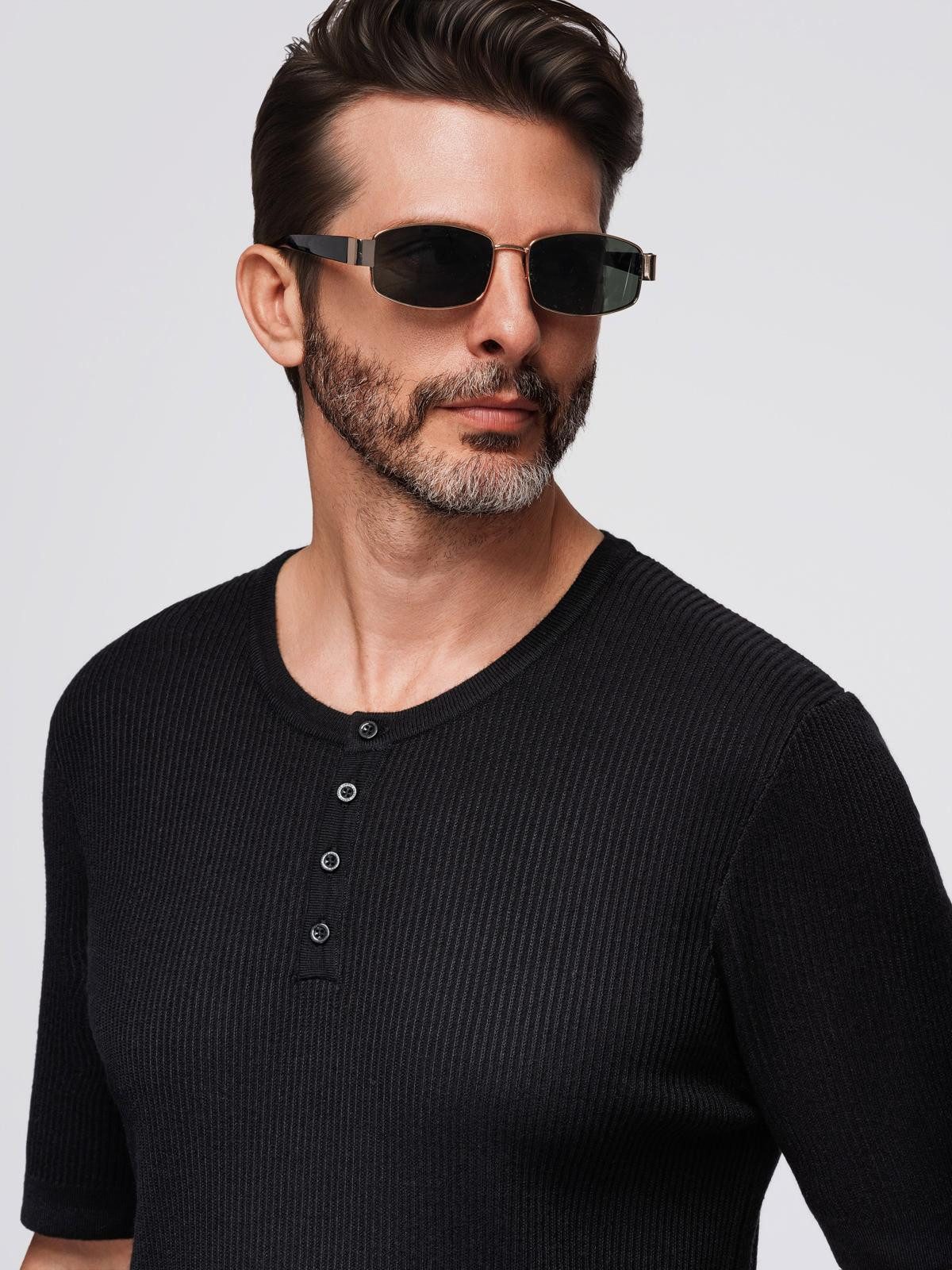 OMBRE T-Shirt Herren-Strick-T-Shirt mit Knöpfen am Halsausschnitt