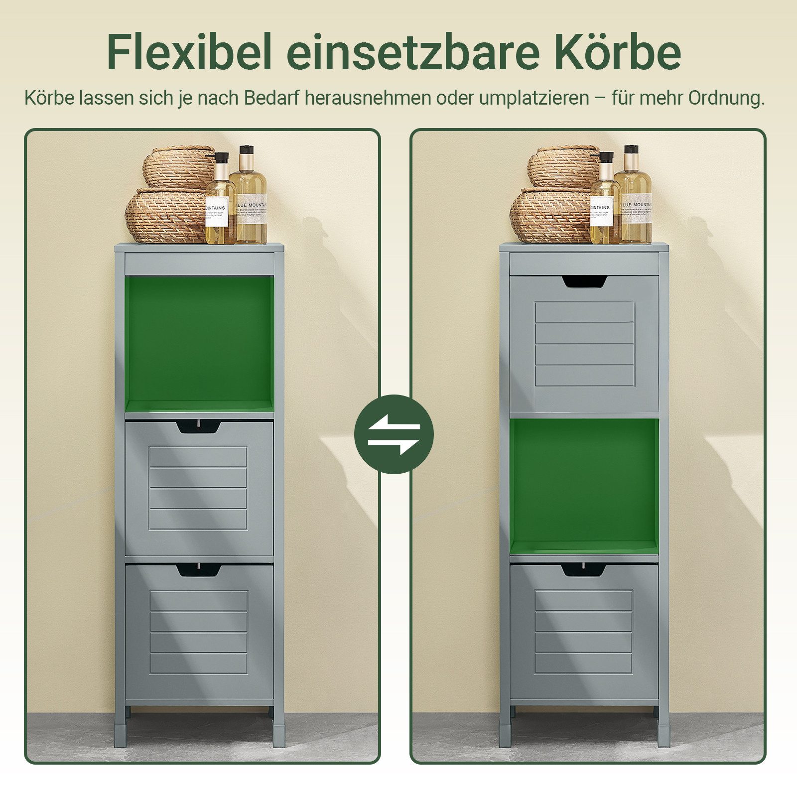SoBuy Midischrank FRG127, Badezimmerregal mit 2 Körben Badschrank schmal Badregal Badkommode Kommode Badezimmerschrank aus Holz Eckschrank Badezimmer