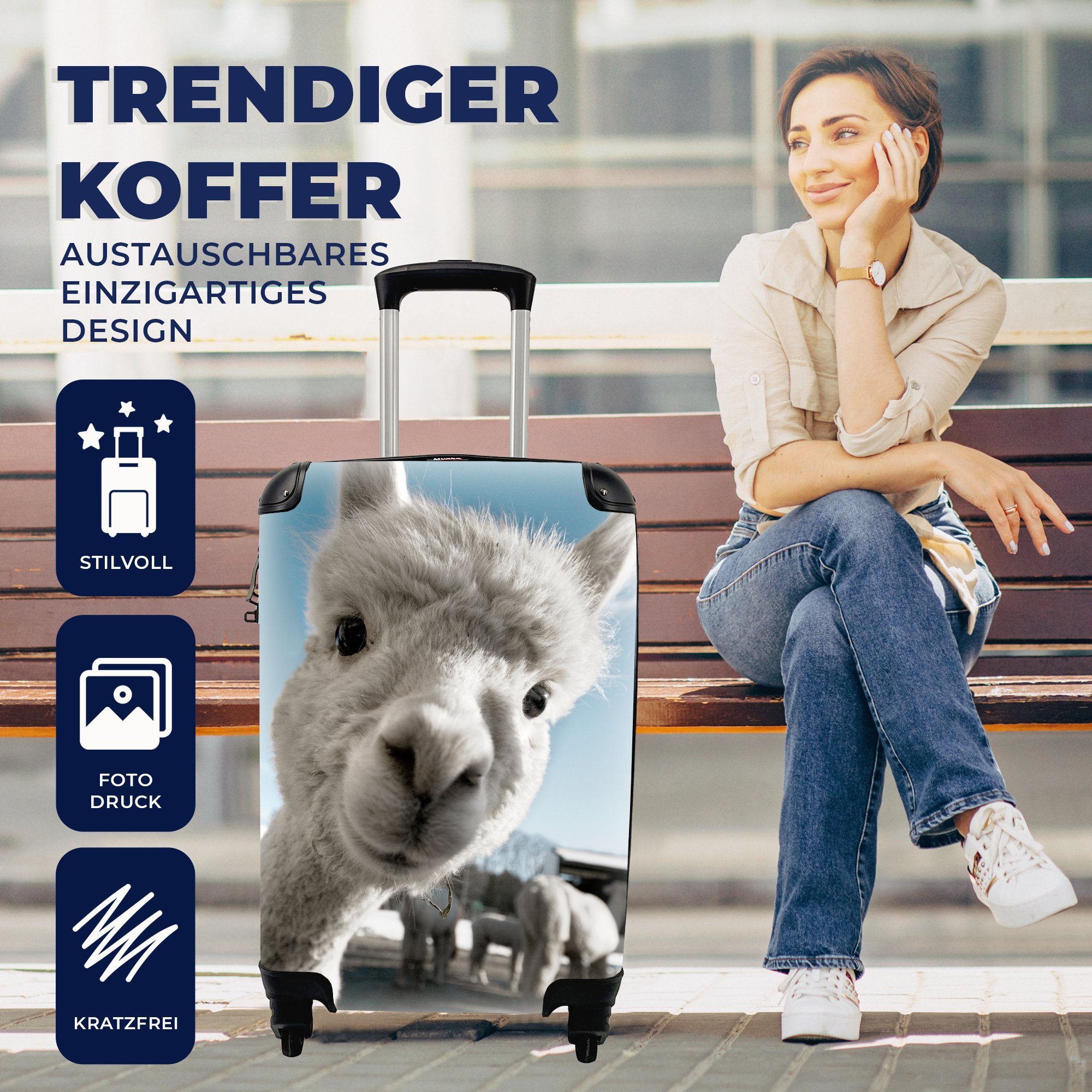 MuchoWow Handgepäckkoffer Alpaka - Weiß - Tier, 4 Rollen, Reisetasche mit rollen, Handgepäck für Ferien, Trolley, Reisekoffer
