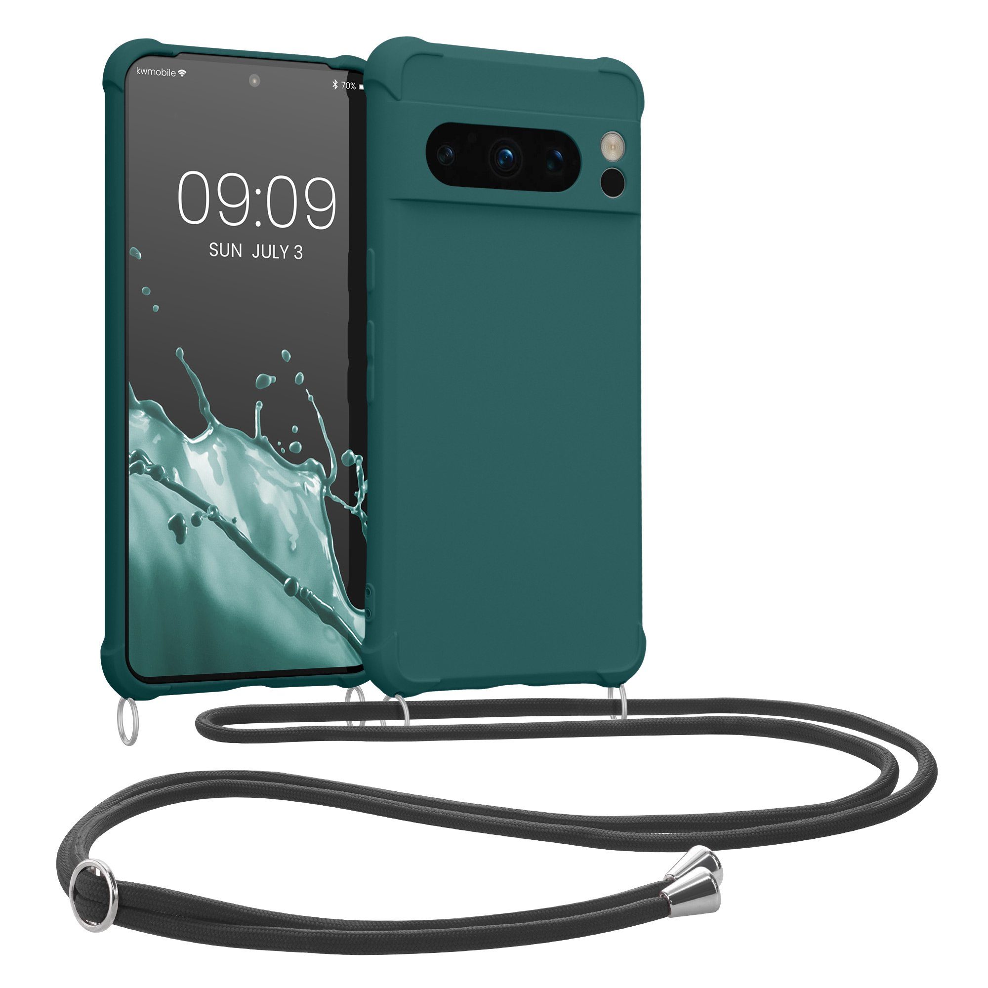 kwmobile Etui Hülle für Google Pixel 8 Pro, mit Metall Kette zum Umhängen - Silikon Handy Cover Case Schutzhülle