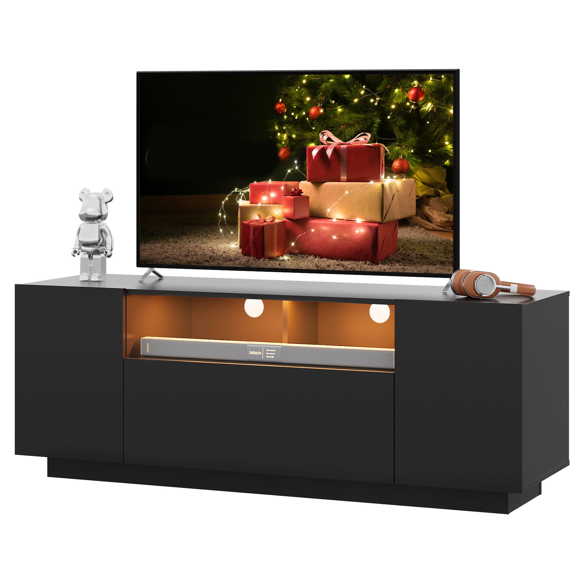 WLIVE TV-Schrank Modernes hängendes TV-Lowboard mit LED-Beleuchtung, 122 x 36 x 45 cm (TV Board mit Schränken und 2 Freiflächen, großer Stauraum) Fernsehtisch mit Klapptür, Schwarz