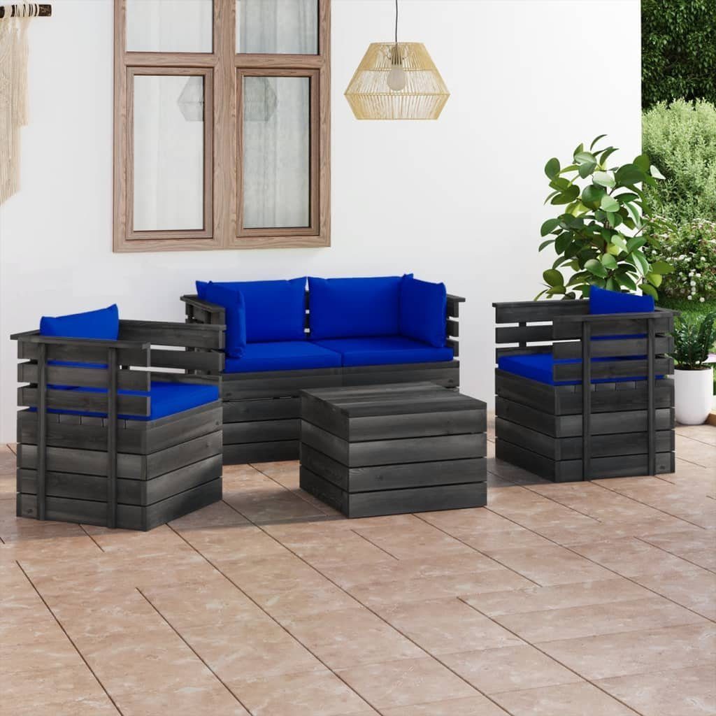 (5-tlg) 5-tlg. vidaXL Kissen Blau Gartenlounge-Set Paletten mit aus Kiefernholz, Garten-Sofagarnitur