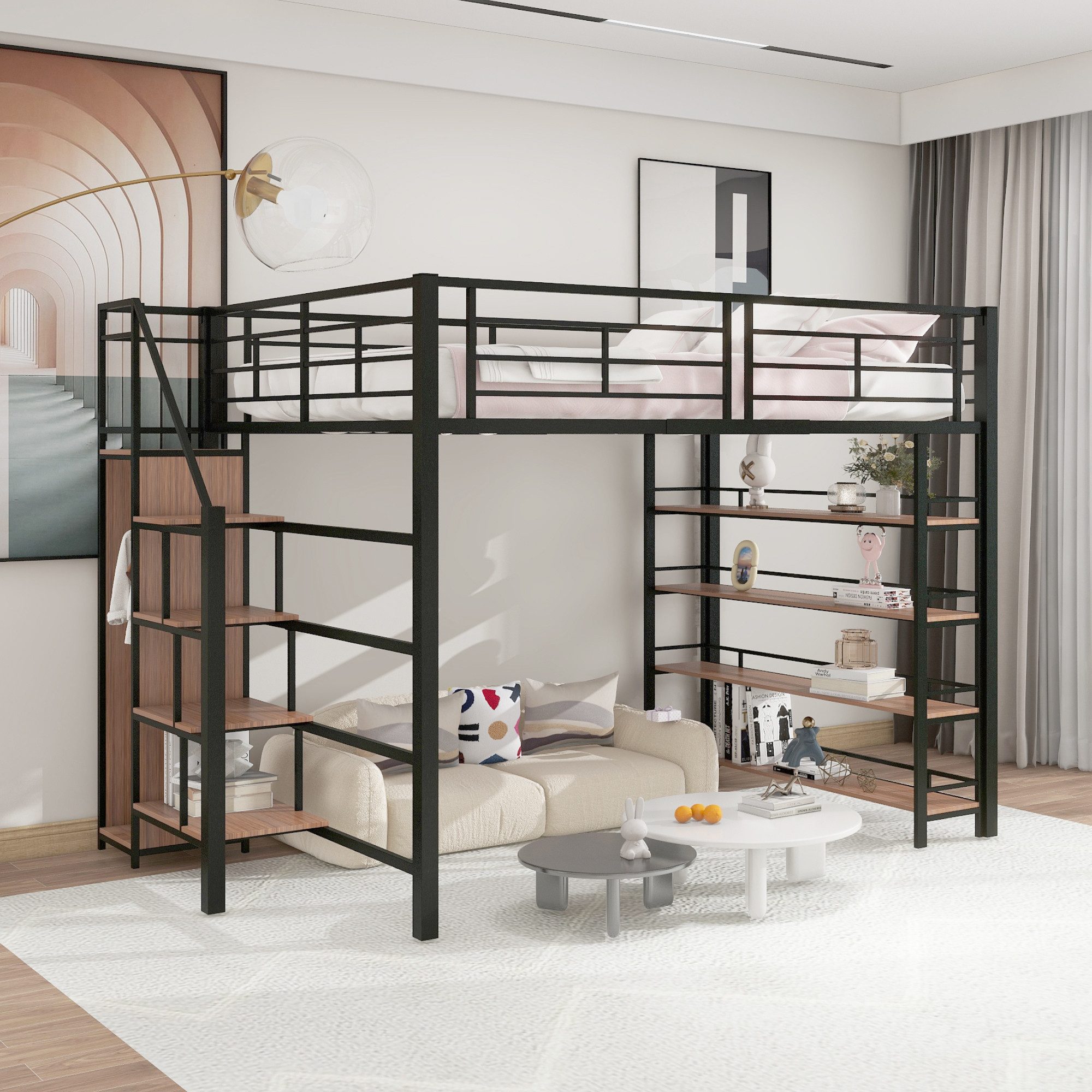 Flieks Hochbett Metallbett Doppelbett 140x200cm mit Stauraumtreppe und Klei günstig online kaufen