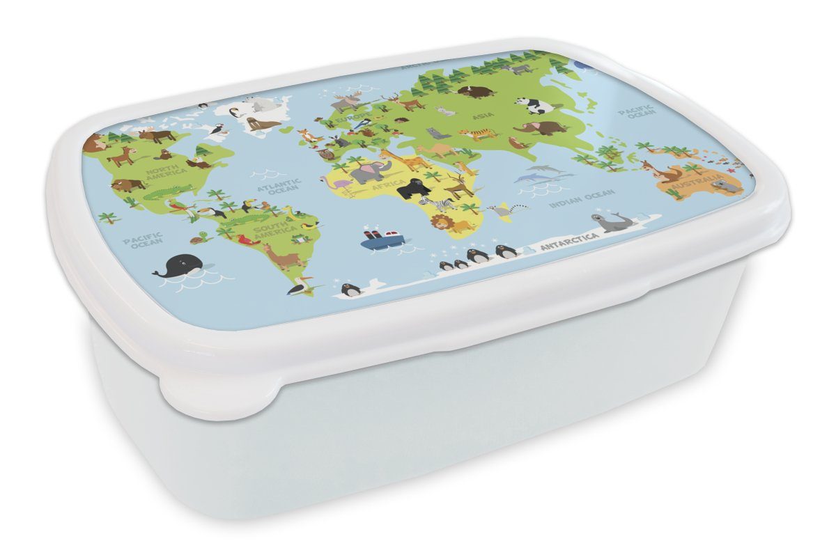 MuchoWow Lunchbox Weltkarte - Kinder - Tiere - Blau - Grün, Kunststoff, (2-tlg), Brotbox für Kinder und Erwachsene, Brotdose, für Jungs und Mädchen weiß | Lunchboxen