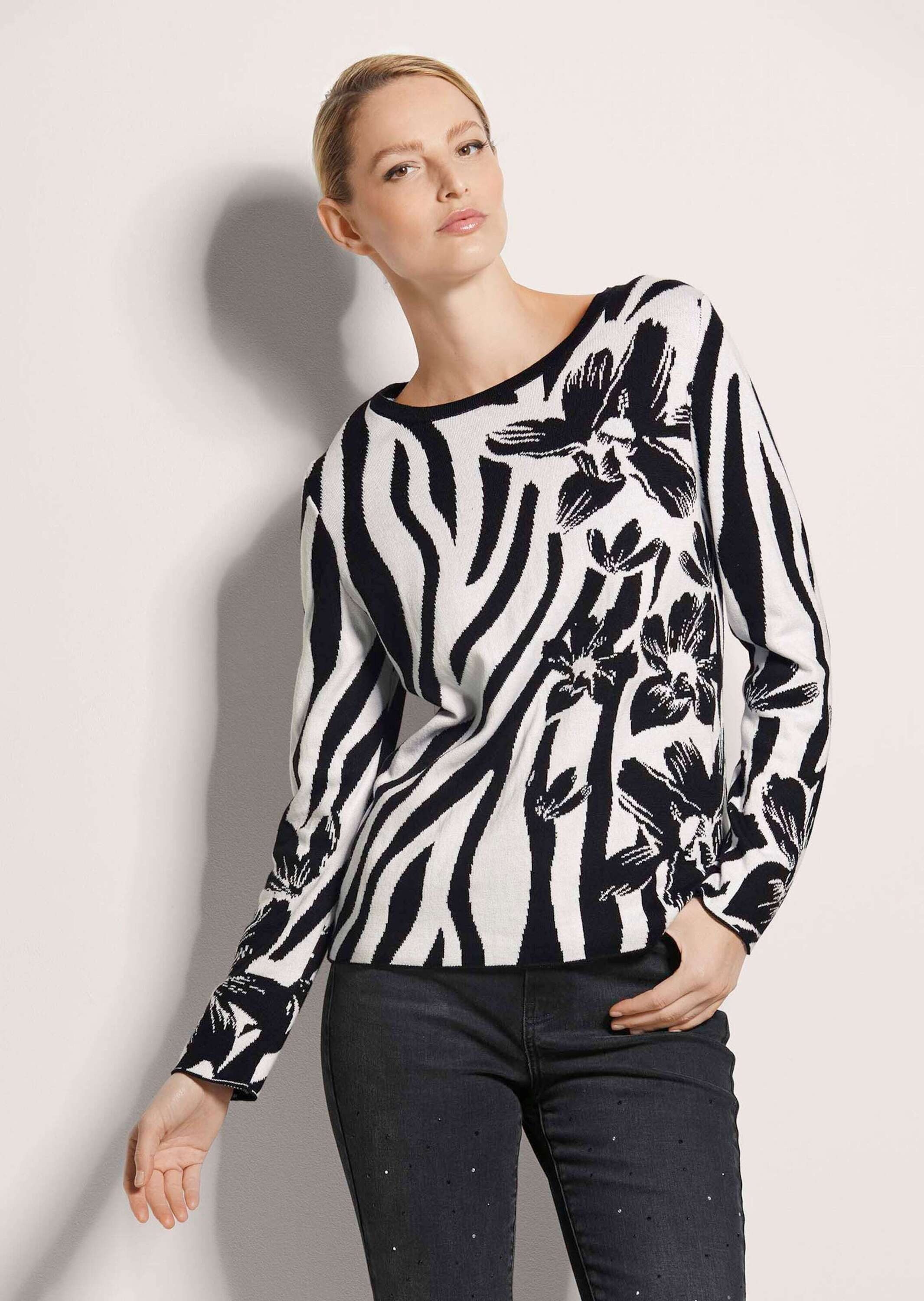 MADELEINE Strickpullover Intarsienpullover mit Zebra- und Blumenmuster Baumwollpullover mit Rundhalsausschnitt und langarm