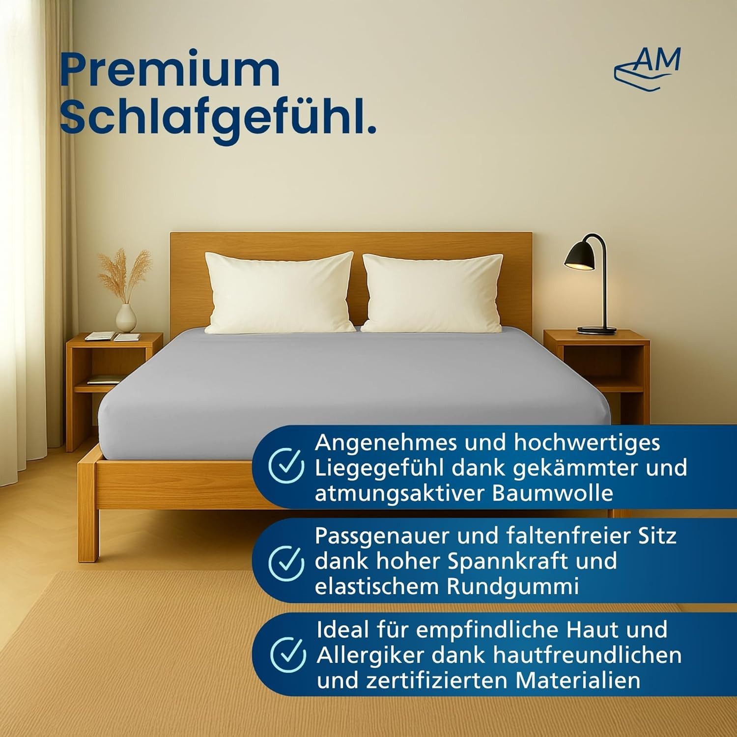 AM Qualitätsmatratzen Spannbettlaken Baumwolle in hellgrau, Bettlaken für Topper, Made in Germany, Baumwolle, Gummizug: rundum, (1 Stück), 90x200x12 – Bild 3 von 5