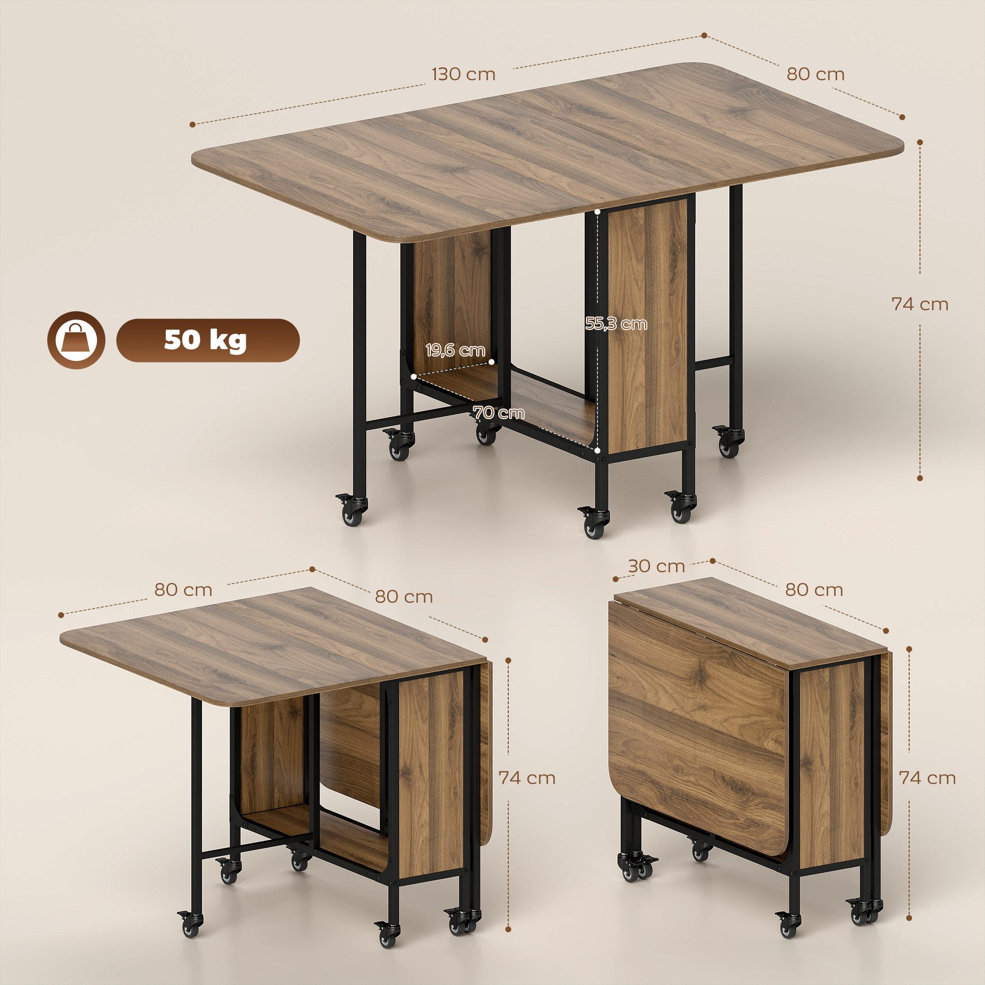 HOMCOM Klapptisch Mobiler mit offenem Regal, Holzoptik, für kleine Räume (Küchentisch, 1-St., Esstisch), für Wohnzimmer, Braun