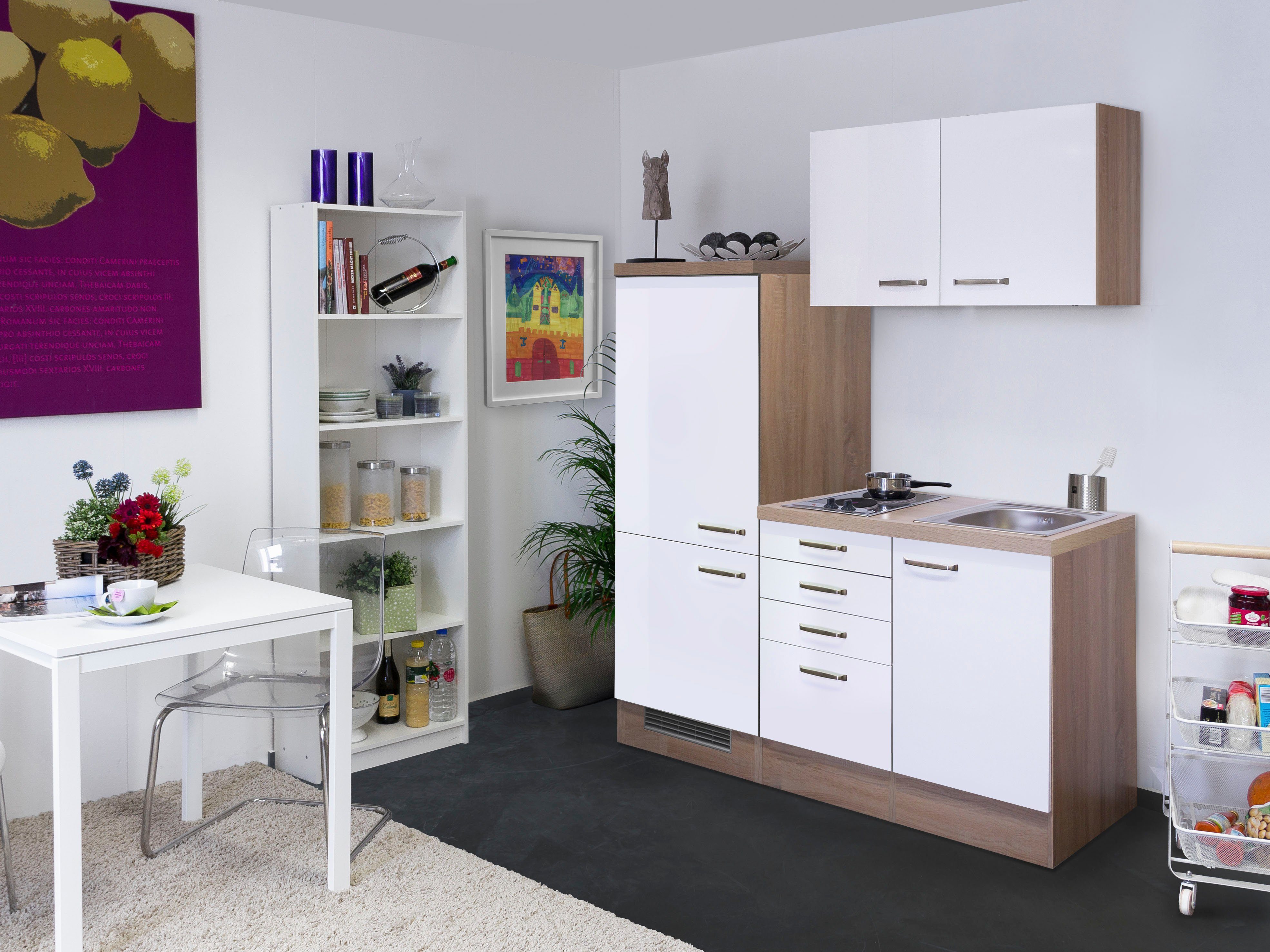 Flex-Well Pantryküche Florenz, Gesamtbreite 160 cm, mit Einbau-Kühlschrank, Kochfeld und Spüle etc.