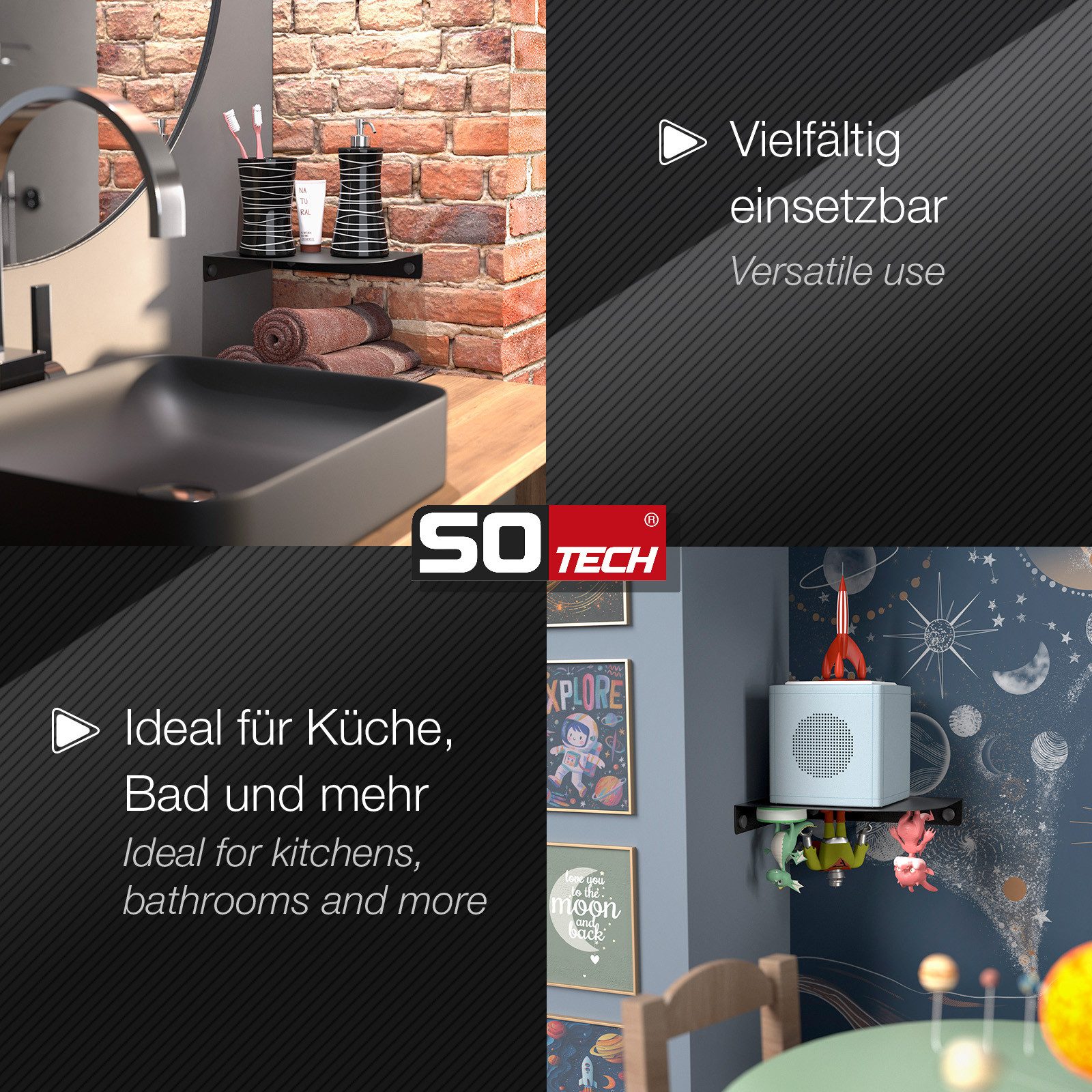 SO-TECH® Wandregal Eckregal HOVER 20/30 x 15/20 x 3 cm inkl. Befestigungsset, 3-tlg., Wandmontage, für Bad Küche oder Wohnzimmer, Schwarz – Bild 5 von 5