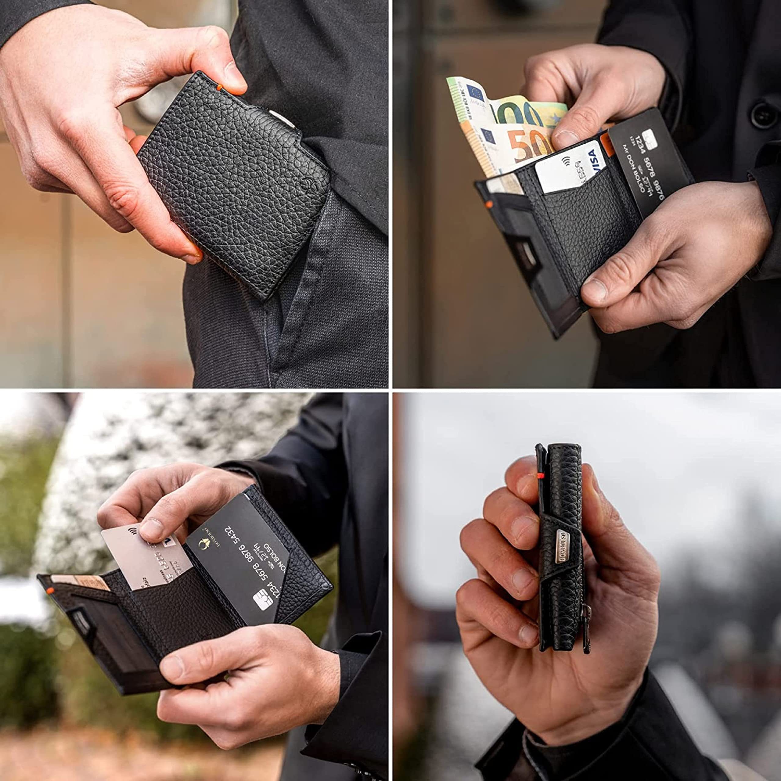 mit Geldbörse Ledergeldbörse Nappa Karten, Slim RFID Mnzfachklassisch Donbolso 11 Münzfach Mini Mit Wallet Genarbt Schutz Schwarz